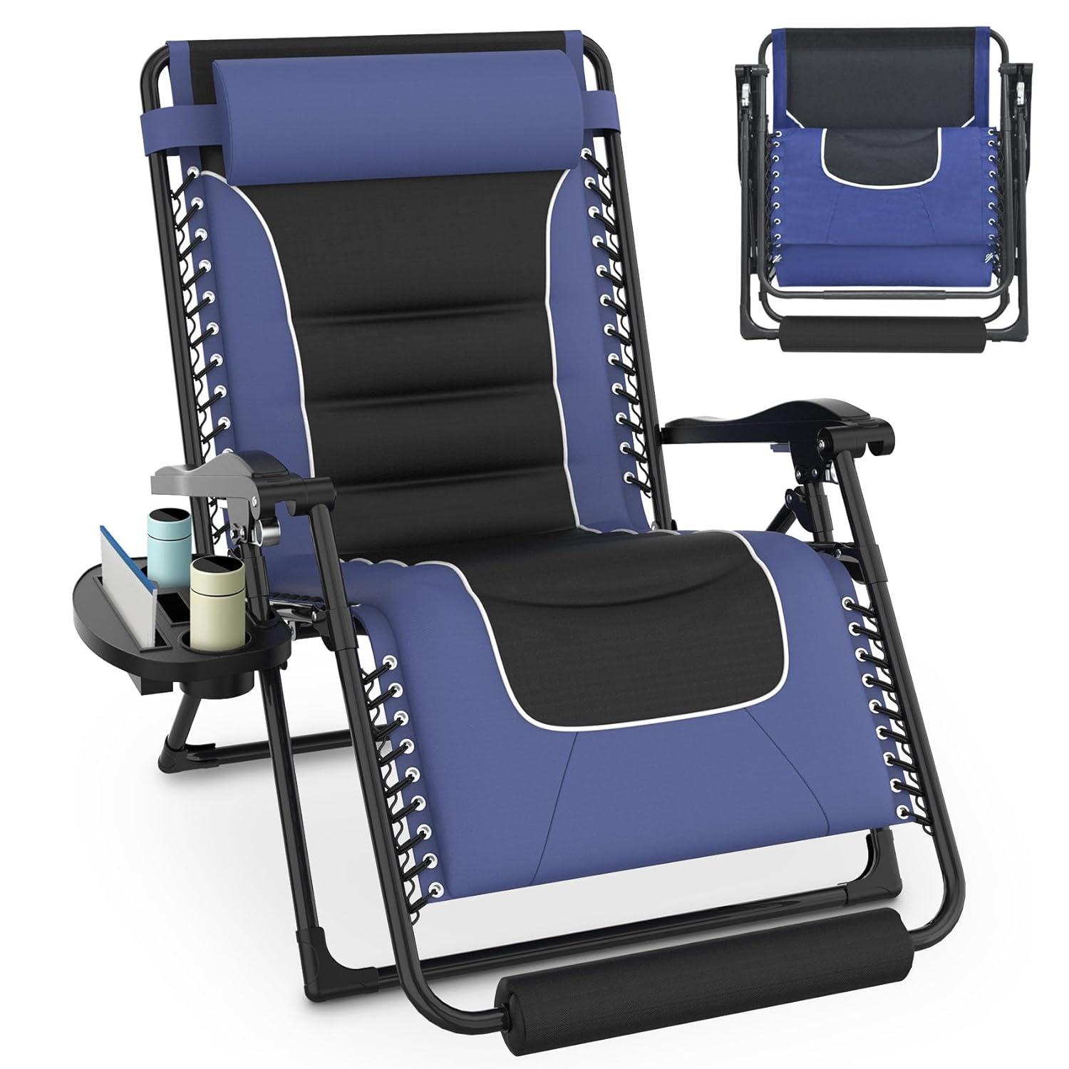 Slendor Oversized Zero Gravity Chair, 29Inch XL Padded Reclining Camping Chair with Cup Holder & Footrest, Folding Outdoor Recliner Reclining Patio Chairs, Anti Gravity Chair, Blue