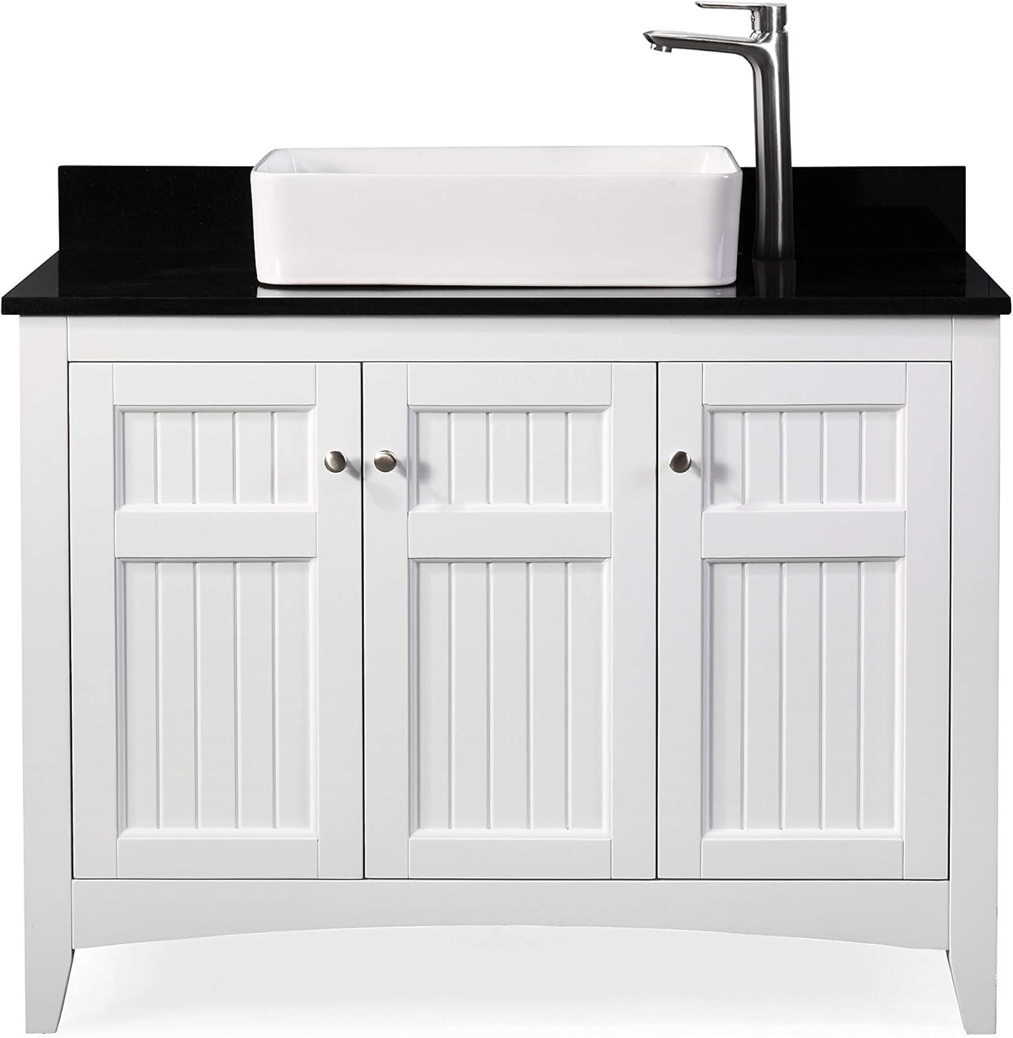 42" White Wood Freestanding Bathroom Vanity with Black Granite Top