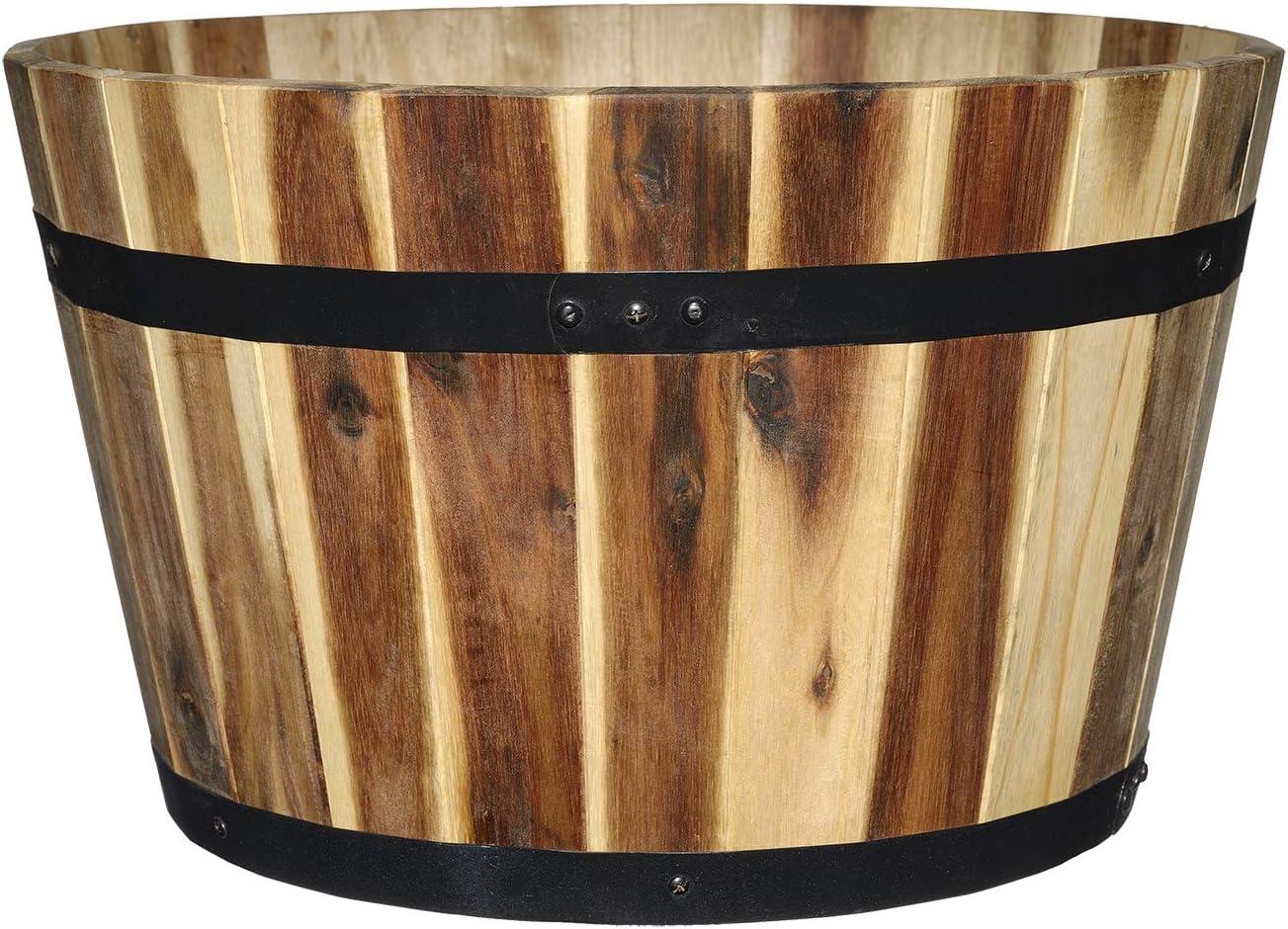 Classic Home and Garden Acacia Wood Whiskey Barrel Planter with Black Metal Band, 15.75in D x 9.5in H