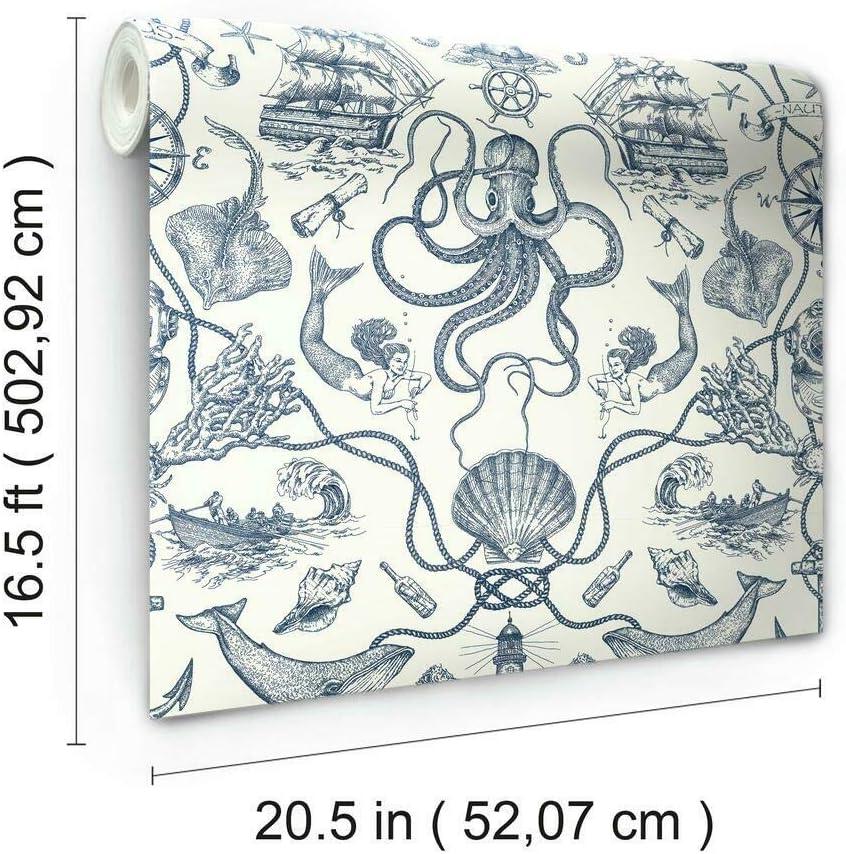 RoomMates Deep Sea Toile Blue Peel and Stick Wallpaper: Nautical Vinyl, Mermaid & Seahorses, Self-Adhesive, 28.18 Sq Ft Coverage