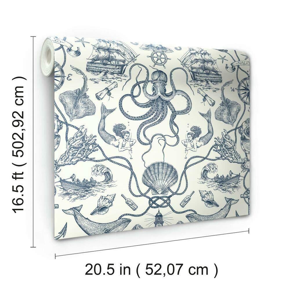 RoomMates Deep Sea Toile Blue Peel and Stick Wallpaper: Nautical Vinyl, Mermaid & Seahorses, Self-Adhesive, 28.18 Sq Ft Coverage