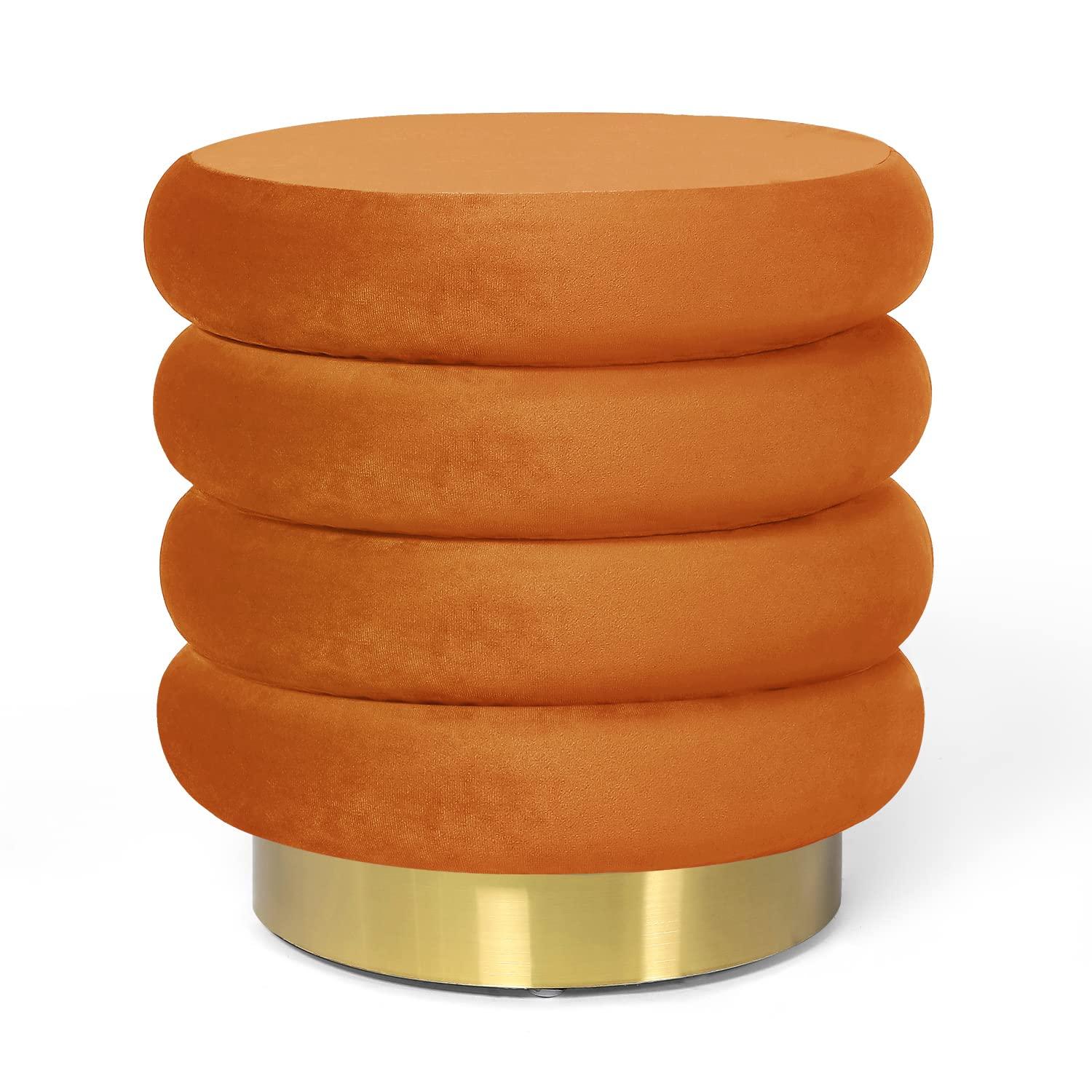 Adeco Round Ottoman Velvet Vanity Stool Chair with Metal Base, Modern Padded Footrest Stool Seat Footstool for Living Room Bedroom,Orange