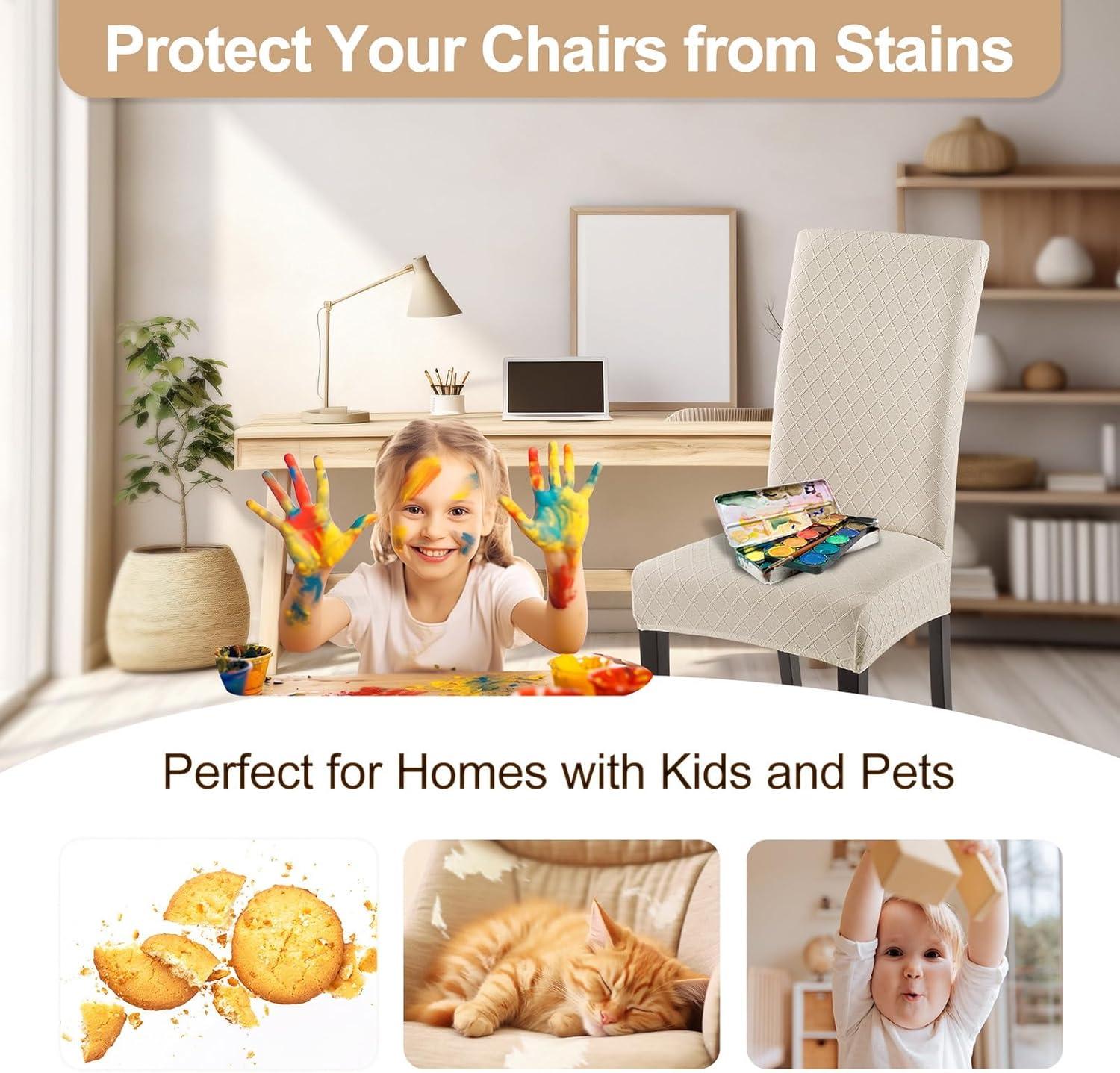 Beige Stretch Jacquard Dining Chair Covers, Set of 4