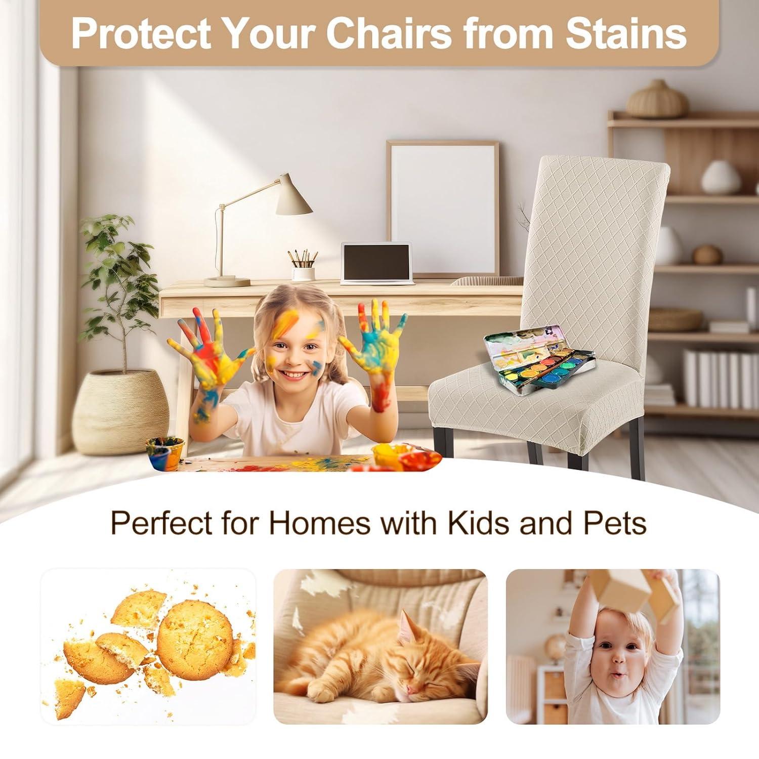 Beige Stretch Jacquard Dining Chair Covers, Set of 4