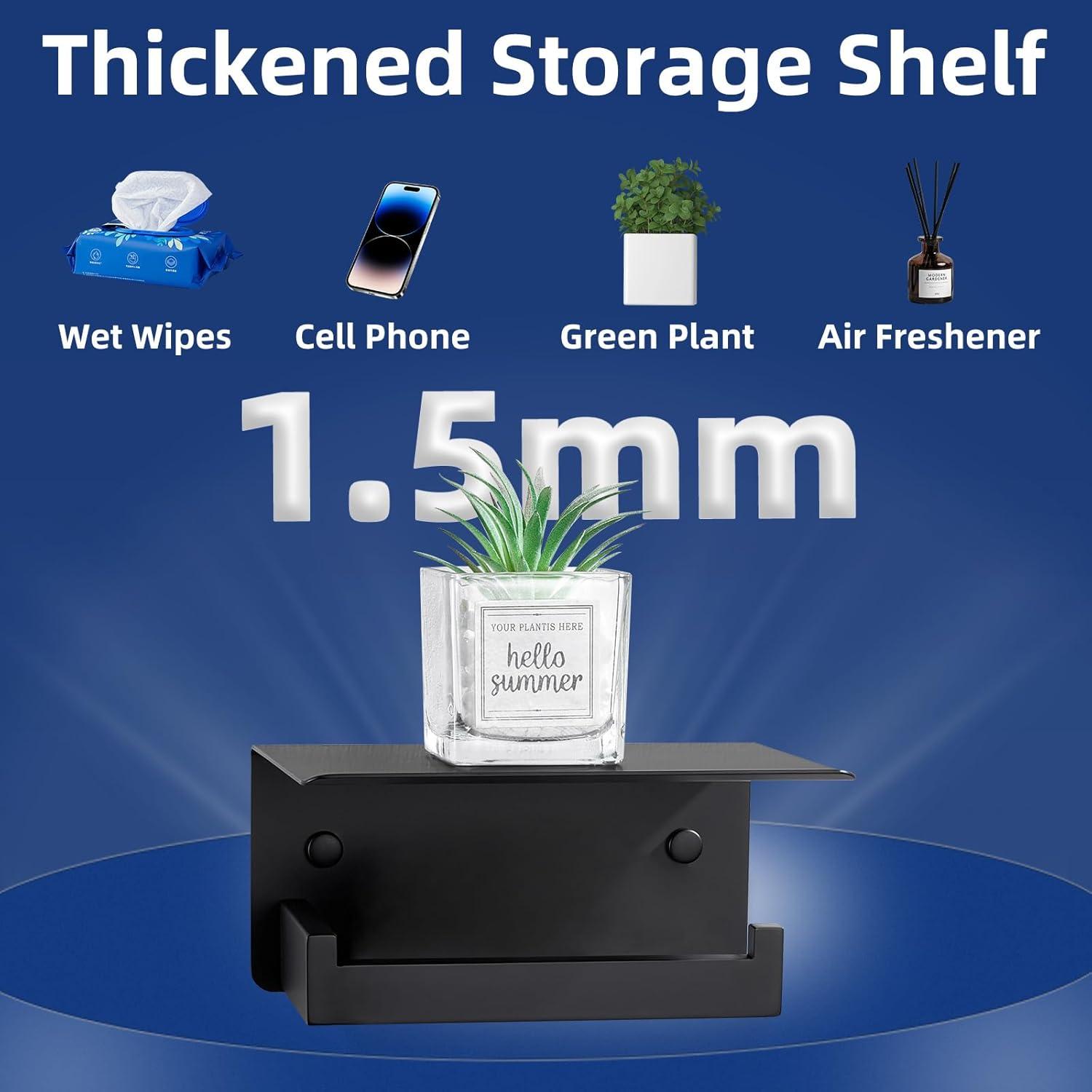 APLusee Toilet Paper Holder with Shelf Matte Black, 304 Stainless Steel Tissue Holder, Wall Mounted