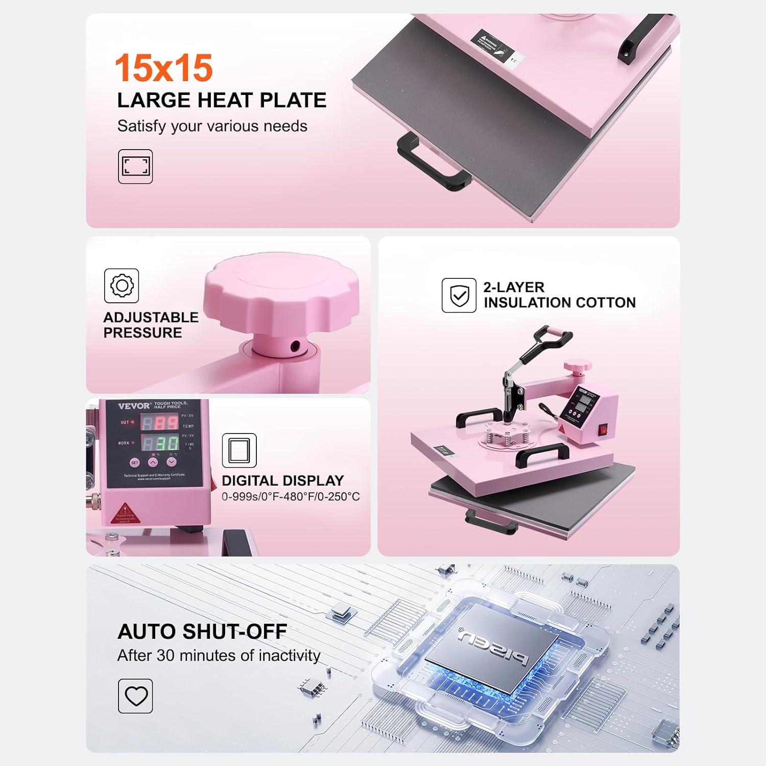 VEVOR Heat Press Machine 15x15 inch, Heat Press Machine for T-Shirts, 5 in 1 Heat Press with 30 OZ Tumbler Press, Combo Tumbler Heat Press Machine Sublimation for Hat Cap Mug Plate, Pink