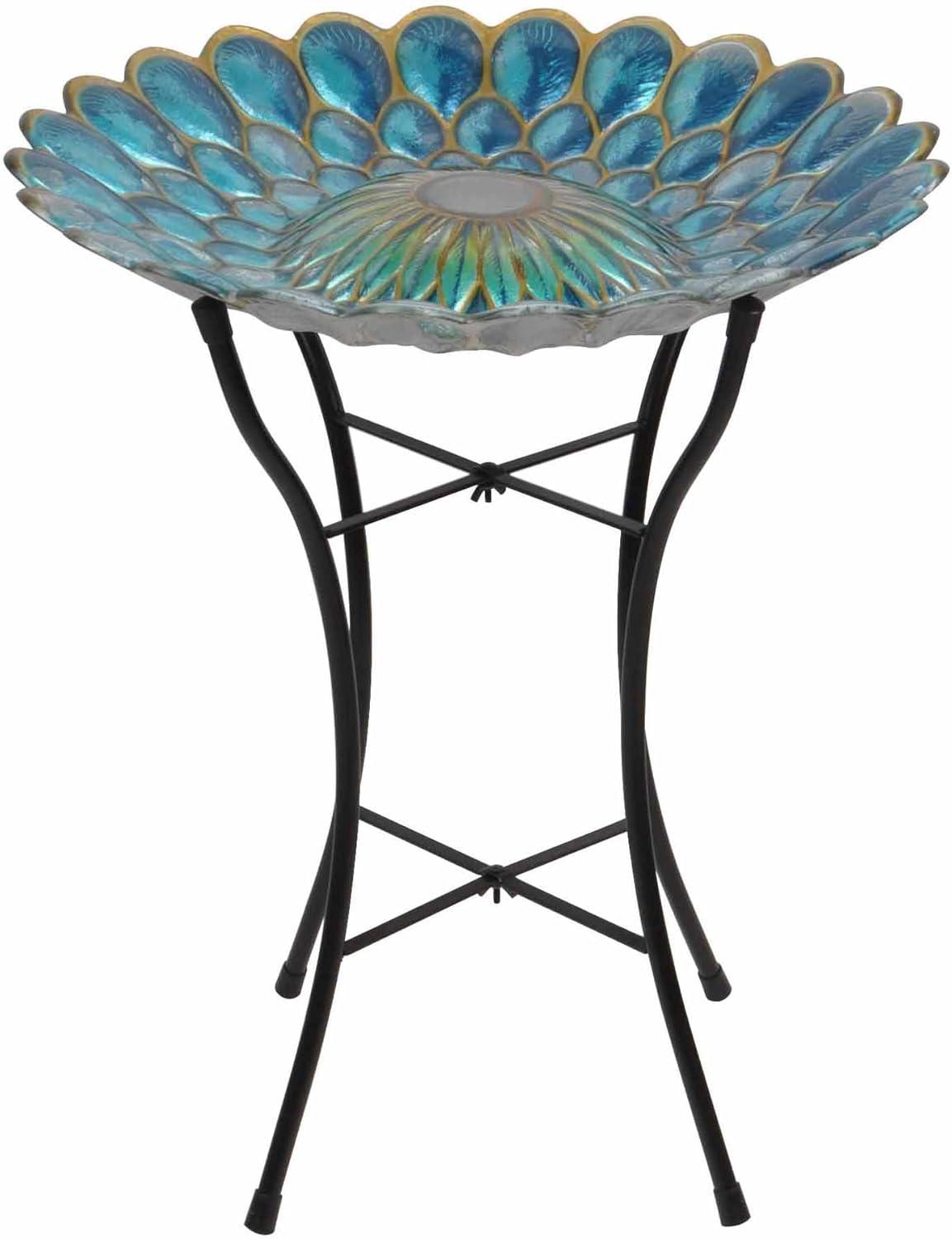 Blue 18" Solar Glass Flower Mosaic Birdbath with Metal Stand