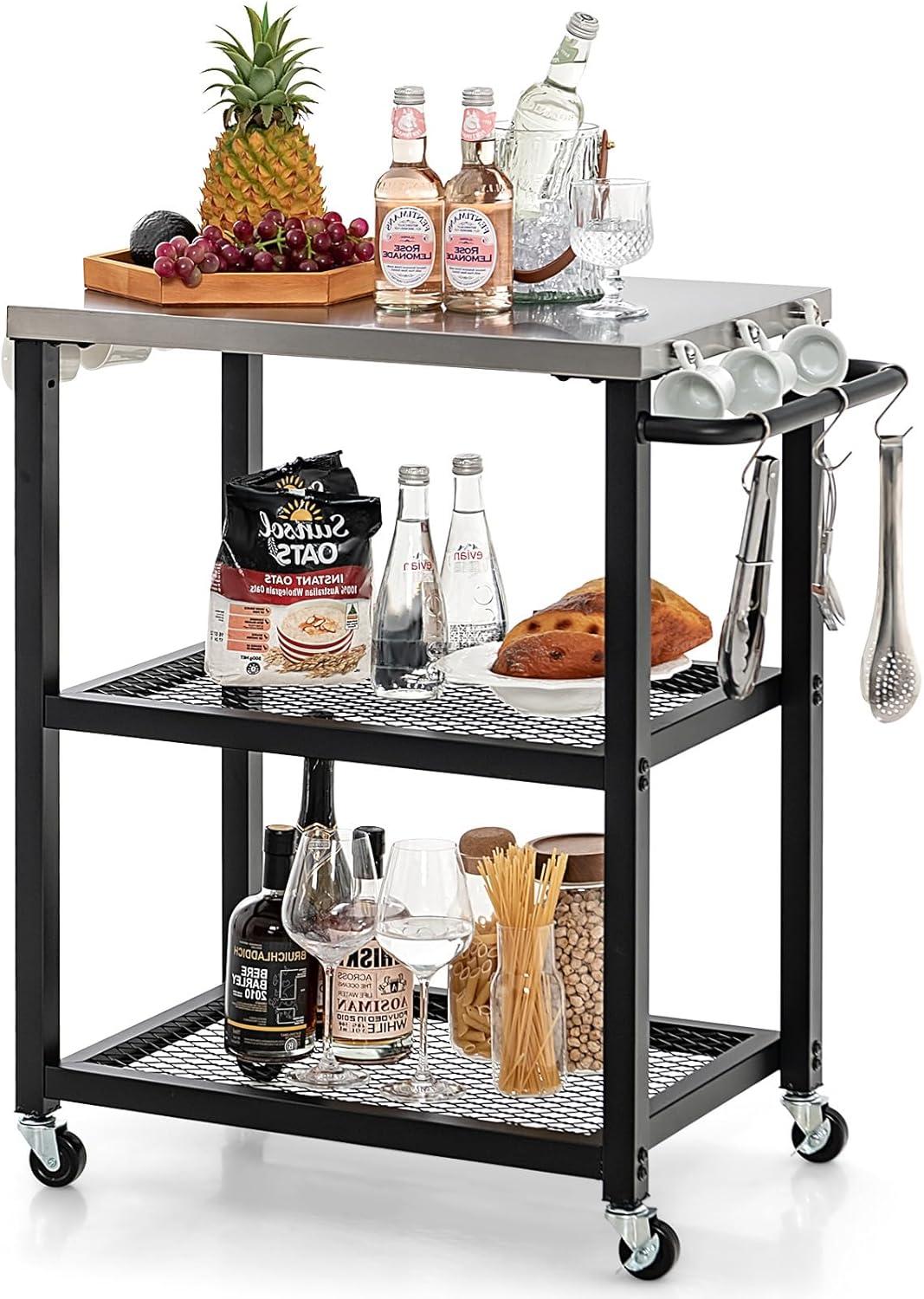Werqueid Outdoor Grill Cart Table Pizza Oven Stand, Three-Shelf Stainless Steel Food Prep Table Patio BBQ Grill Table Bar Cart Kitchen Island with Wheels