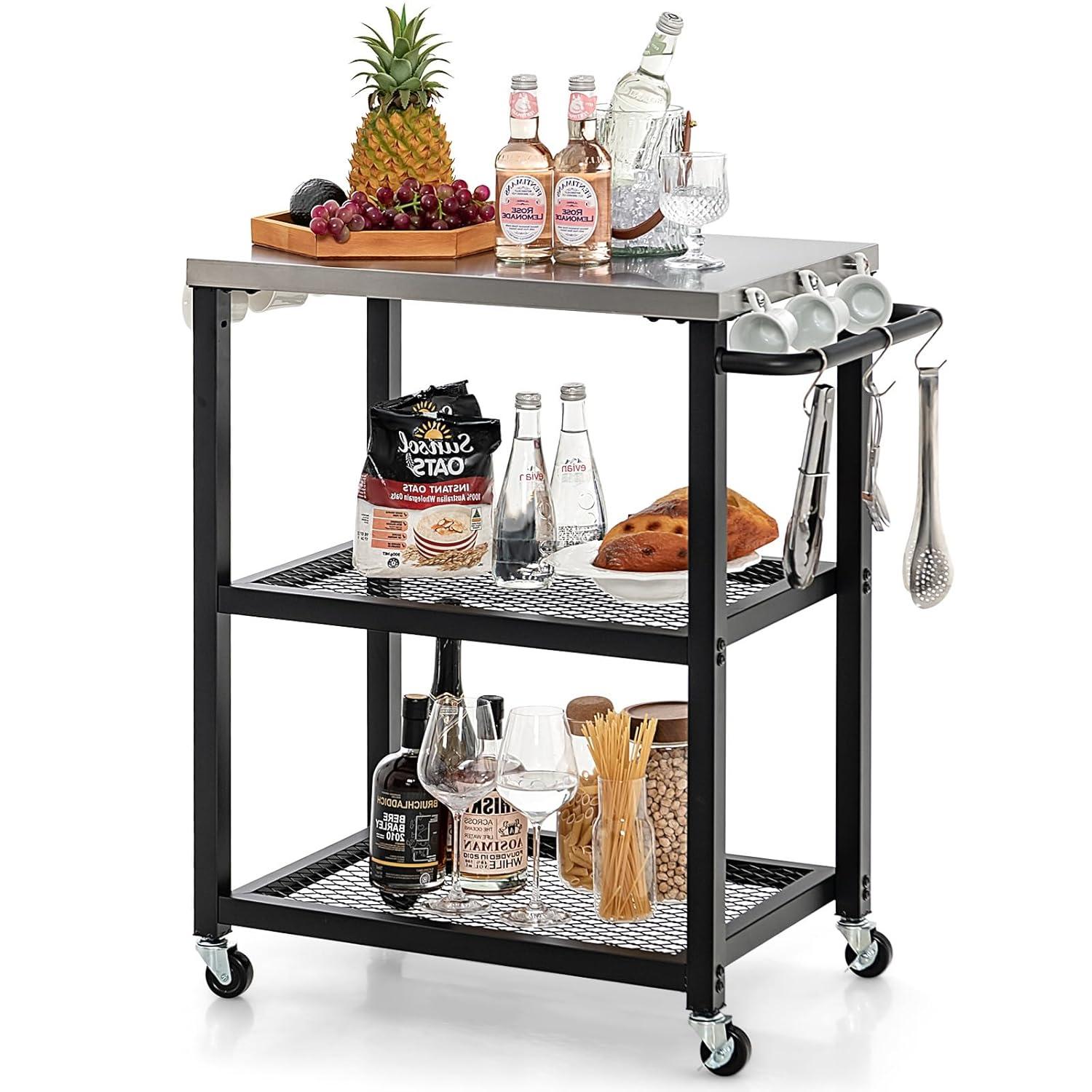 Werqueid Outdoor Grill Cart Table Pizza Oven Stand, Three-Shelf Stainless Steel Food Prep Table Patio BBQ Grill Table Bar Cart Kitchen Island with Wheels
