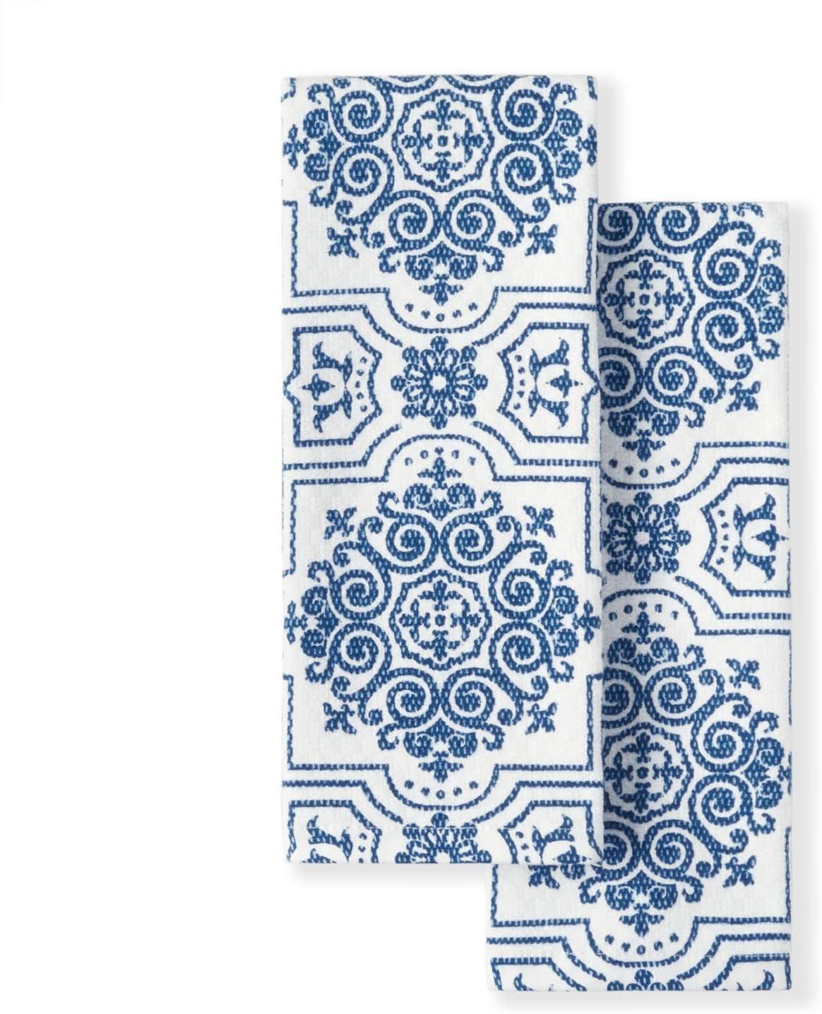 Martha Stewart Stripe Medallion Kitchen Towel Set 2-Pack 16"X28", Blue/ White