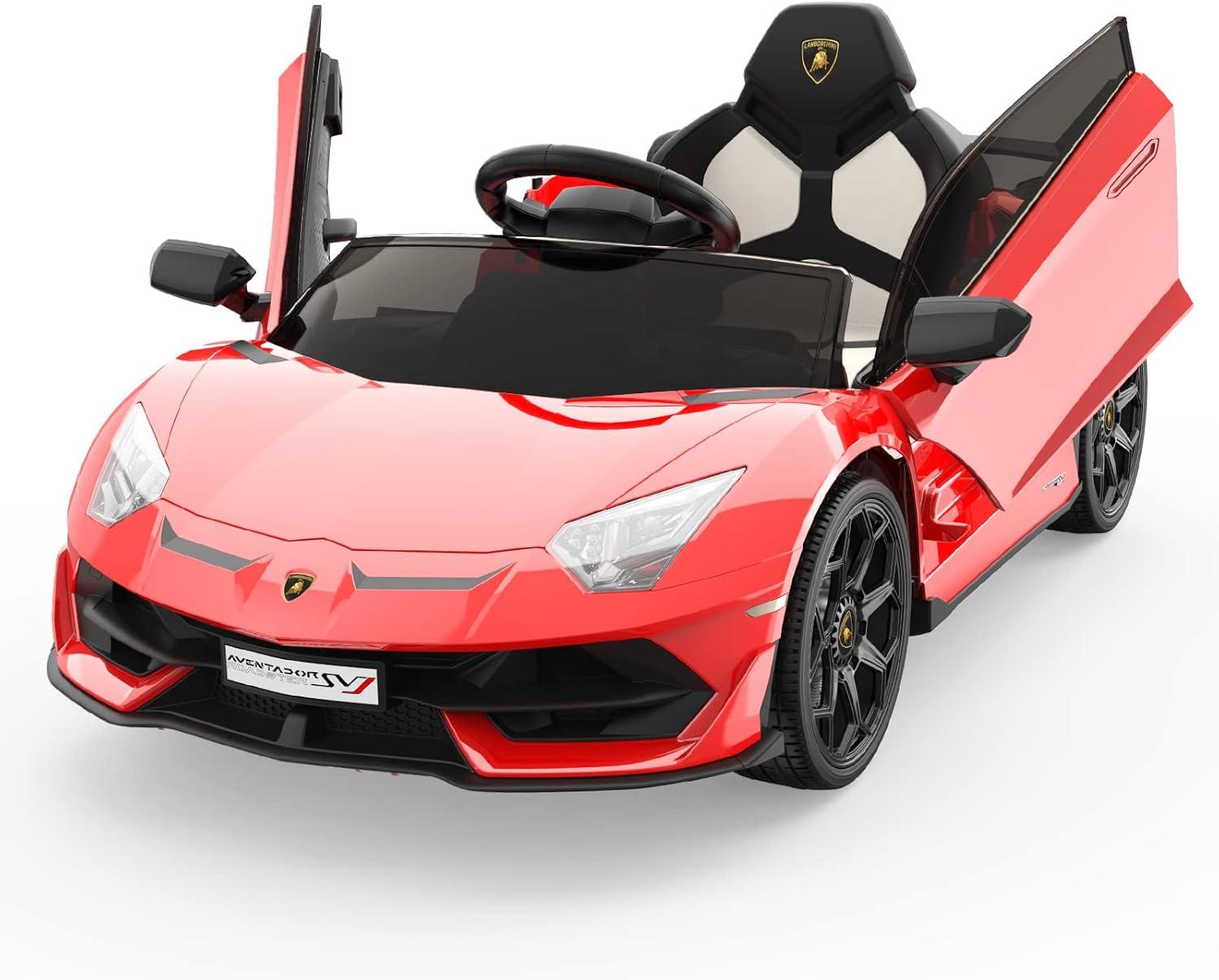 Katidap Ride on Car for Kids 12V Licensed Lamborghini Electric Vehicles Battery Powered Sports Car with Control, 2 Speeds, Sound System, LED Headlights and Hydraulic Doors,Red