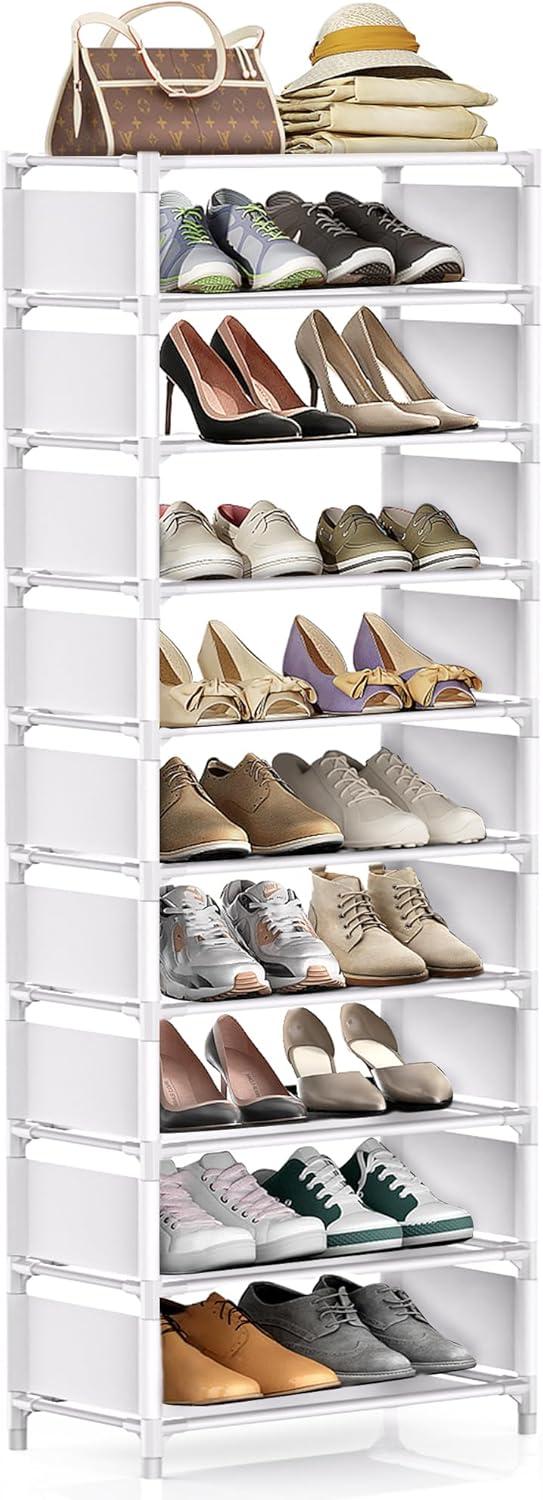 White 10-Tier Tall Stackable Shoe Rack with Hooks