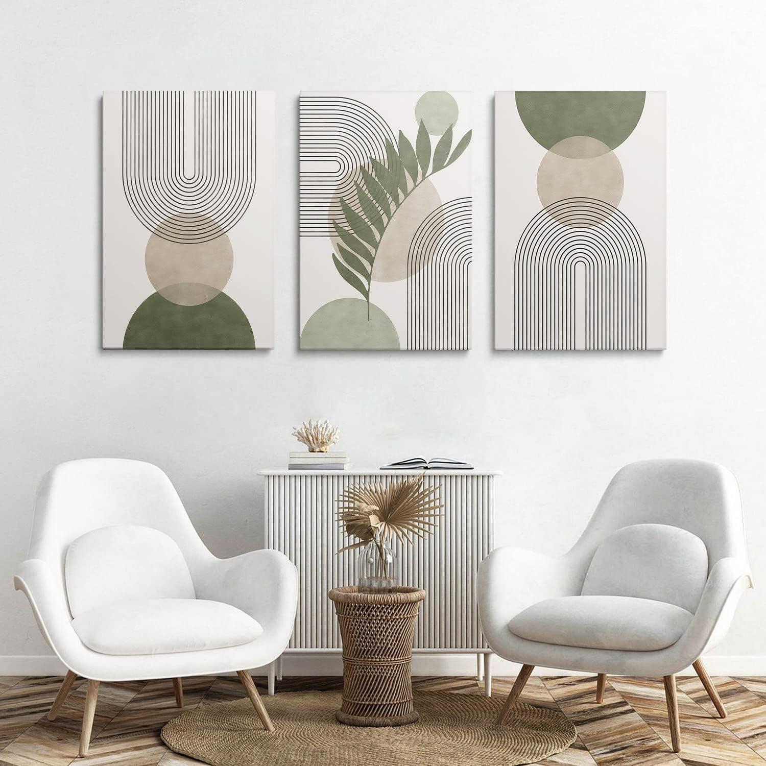 Minimalist Boho Wall Art Set of 3, MidCentury Modern Wall Art, Framed Canvas Wall Art Yellow Green Beige Moon Botanical Geometric Neutral Abstract Artwork Prints, Boho Room Wall Decor Ready To Hang