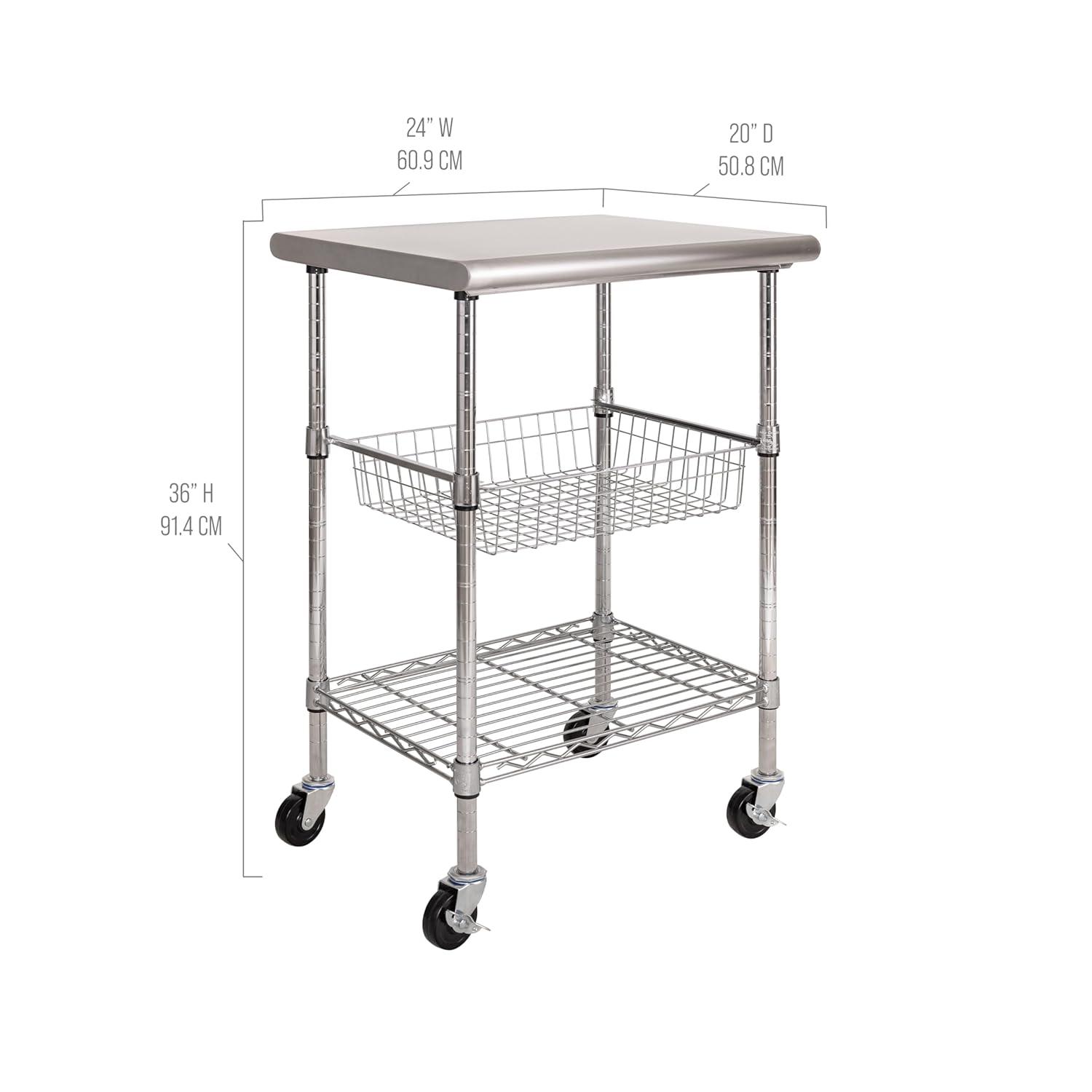 48'' Wide Stainless Steel Kitchen Rolling Cart Island with Solid Wood Top