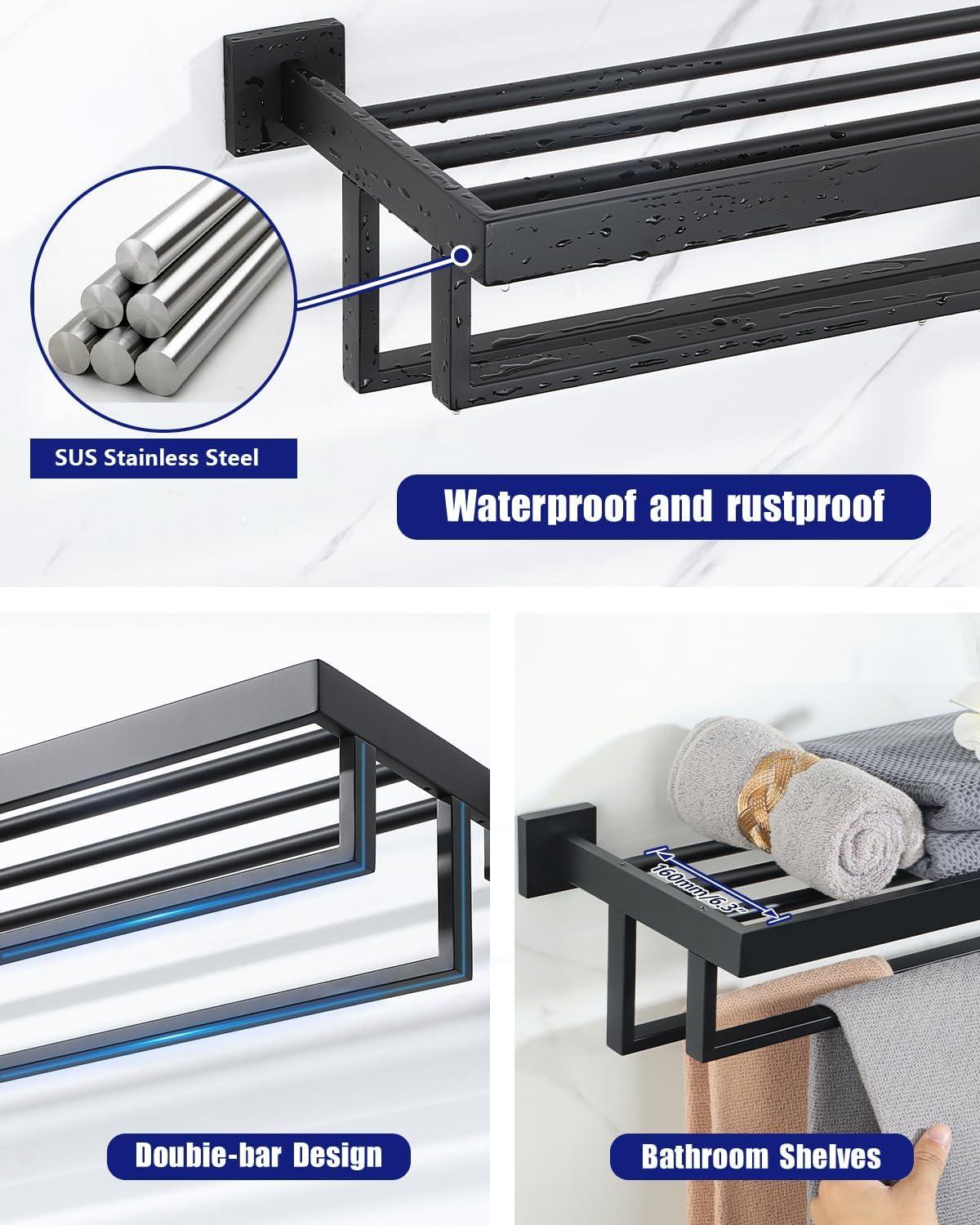 Alise Towel Rack with Double Towel Bar, 24 Inch Towel Racks for Bathroom, Modern Towel Holder for Bathroom Wall, SUS304 Stainless Steel Towel Shelf, Matte Black