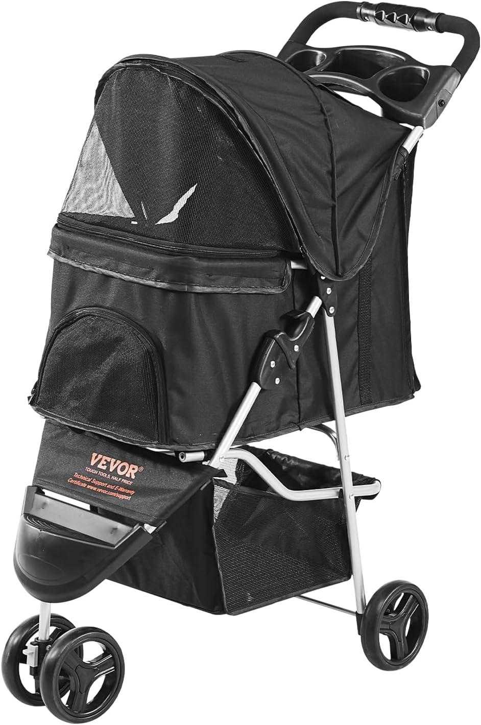 Black 3-Wheel Folding Pet Stroller with Storage Basket