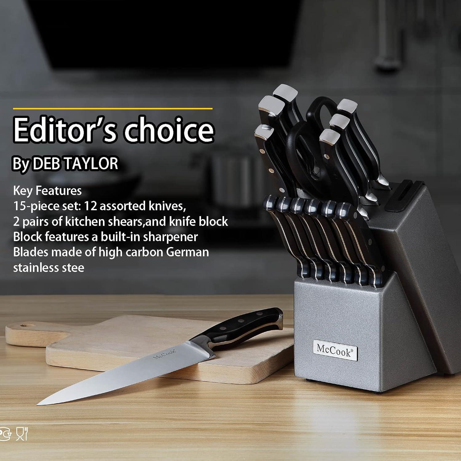 15-Piece German Stainless Steel Knife Block Set with Sharpener