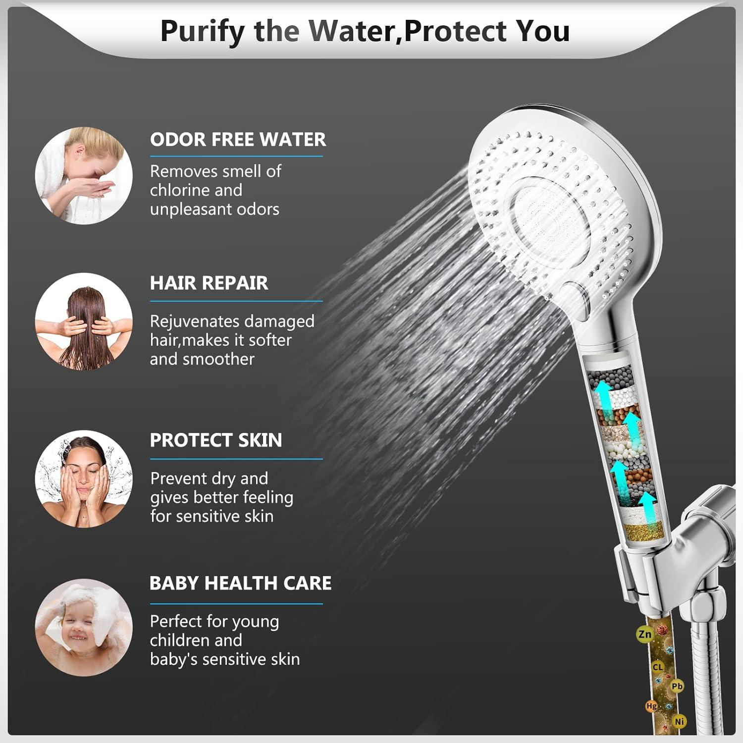 Handheld Shower Head with Filter, FEELSO High Pressure 3 Spray Mode Showerhead with 60" Hose, Bracket and 15 Stage Water Softener Filters for Hard Water