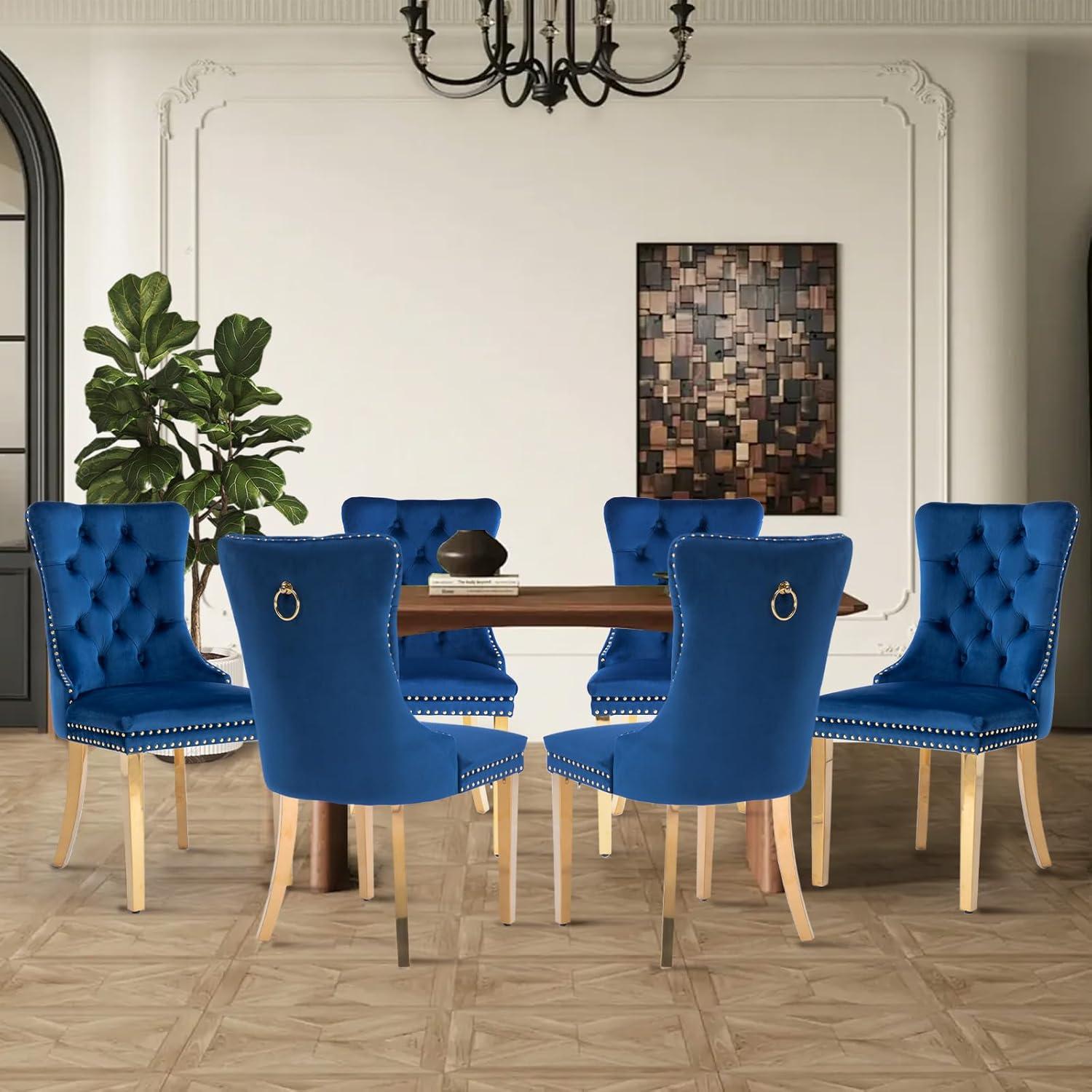 Deep Blue Velvet Upholstered Dining Chairs with Gold Legs, Set of 6