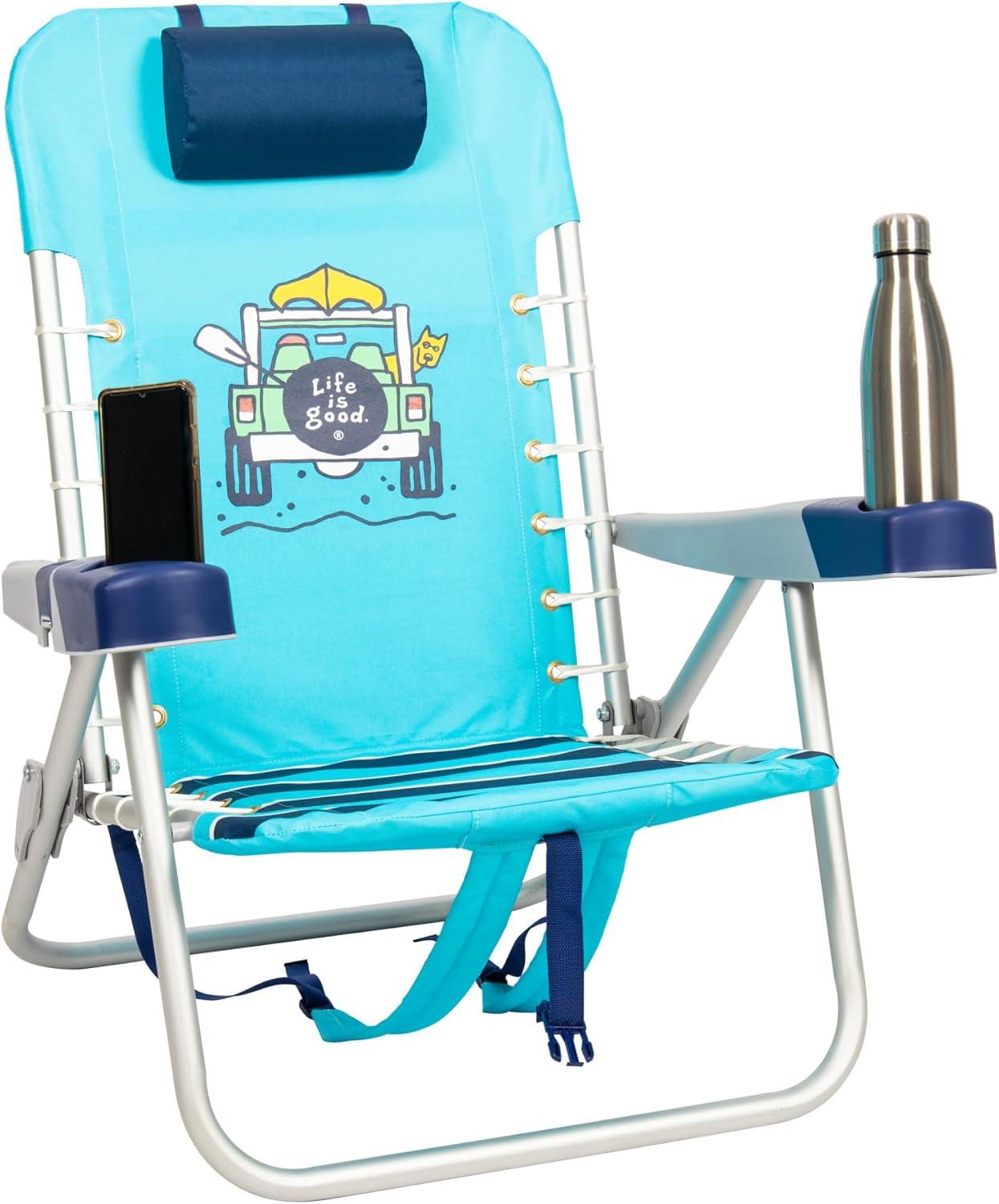 Life is Good 4-Position Lace-up Backpack Beach Chair with Pillow, Cup and Phone Holder, Island Blue
