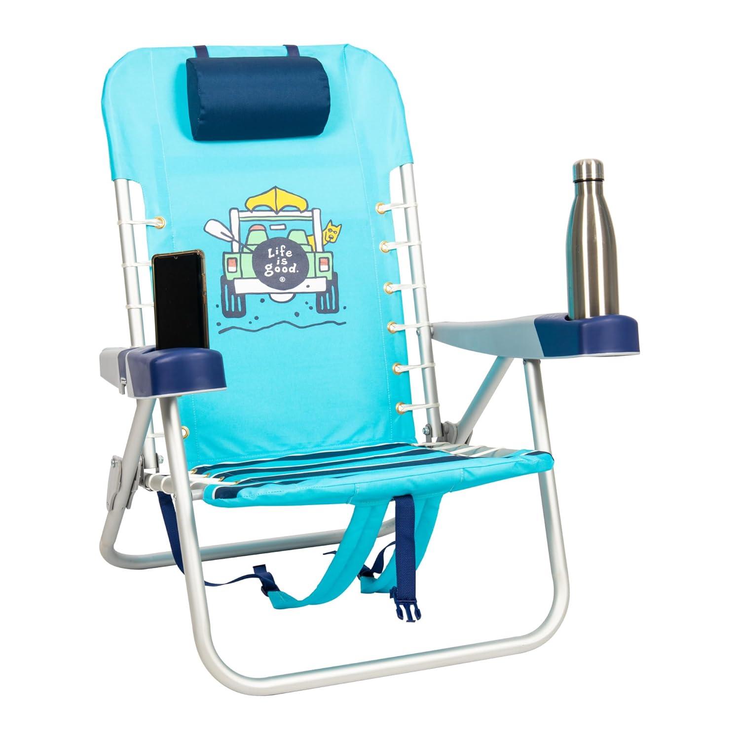 Life is Good 4-Position Lace-up Backpack Beach Chair with Pillow, Cup and Phone Holder, Island Blue