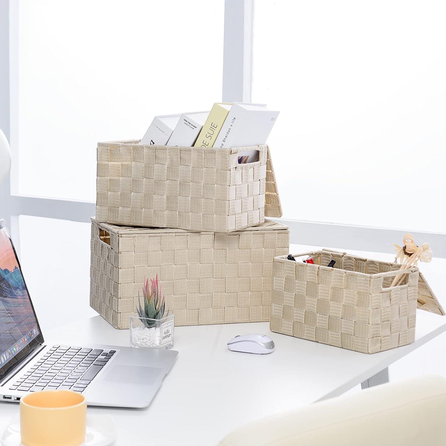 Beige Woven Square Storage Basket Set with Lids