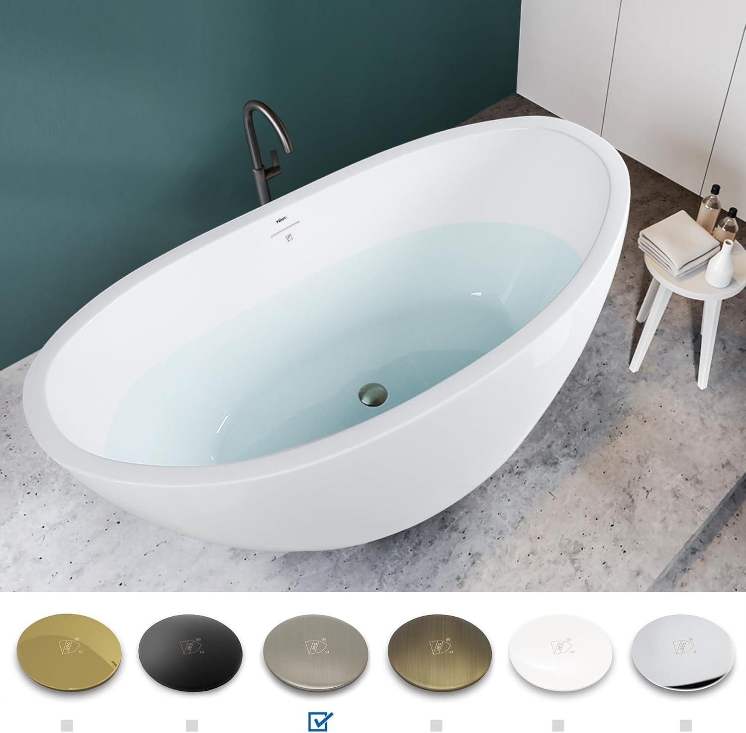 Naha 59" White Acrylic Freestanding Soaking Bathtub with Brushed Nickel Drain