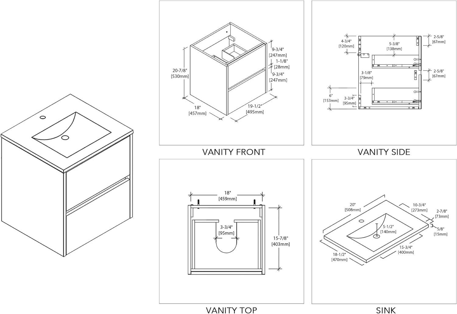 20-Inch Glossy White Floating Vanity with Ceramic Sink