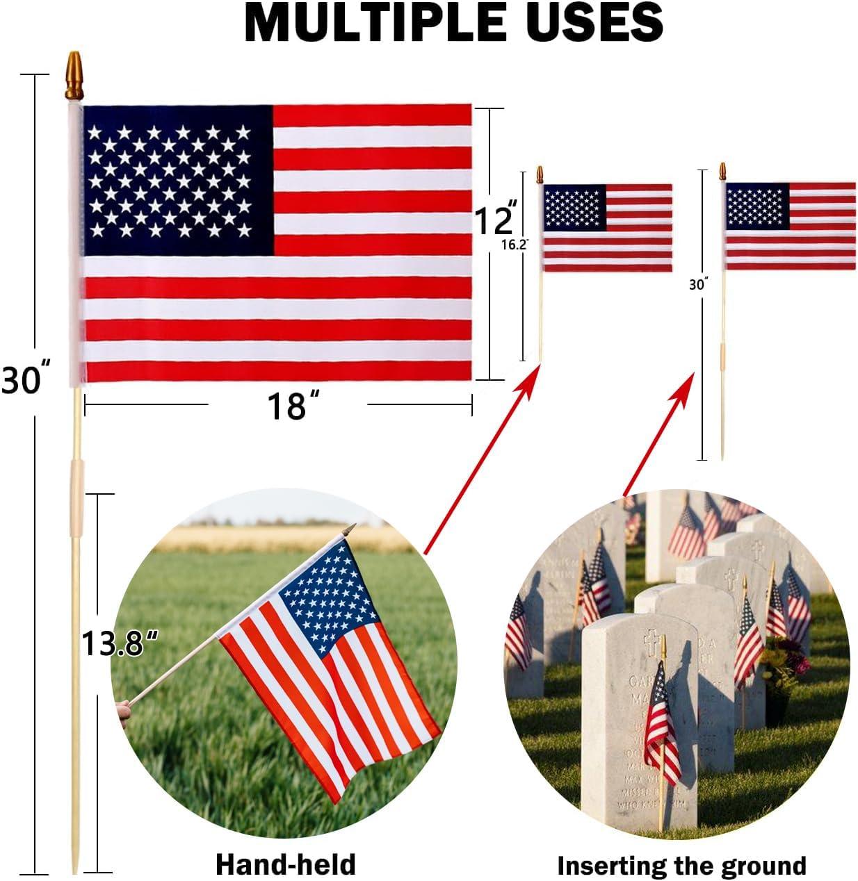 12 Pcs 12x18 Inch American Flags on Stick - Perfect for Memorial Day, 4th of July, Veterans Day Decorations USA Stick Flag with Handheld and Grounded Multi-Purpose Flagpole|Flagsticks USA 12 inch x 18