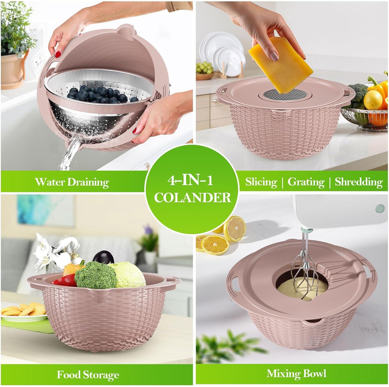 Pink 4-in-1 Stainless Steel Colander with Plastic Mixing Bowl Set