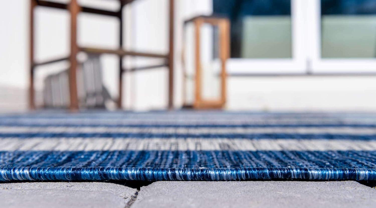 Blue and White Striped Outdoor Synthetic Rug, 9' x 12'