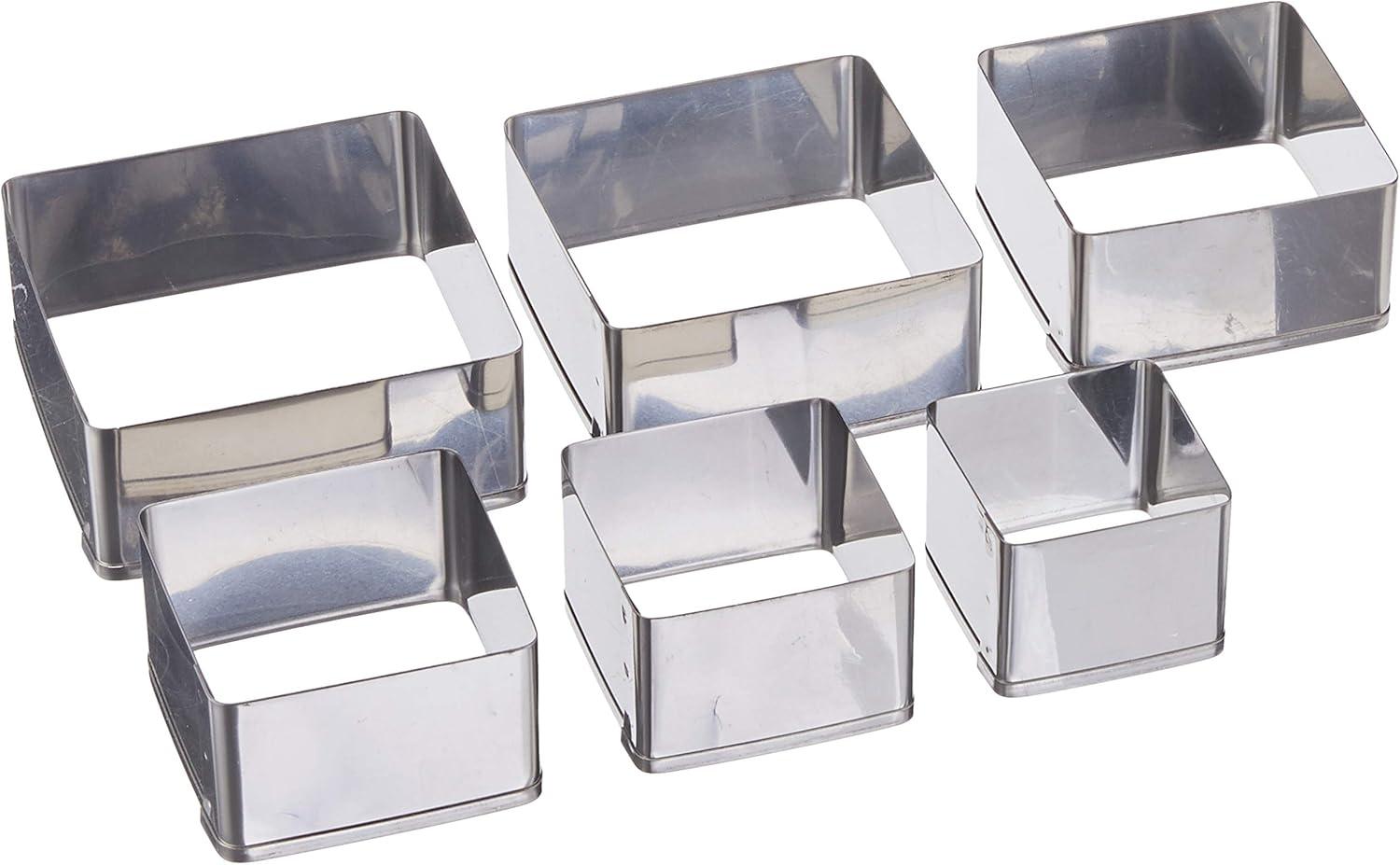 Plain Edge Square Cutters in Graduated Sizes, Stainless Steel, 6 Pc Set Silver Plain Edge