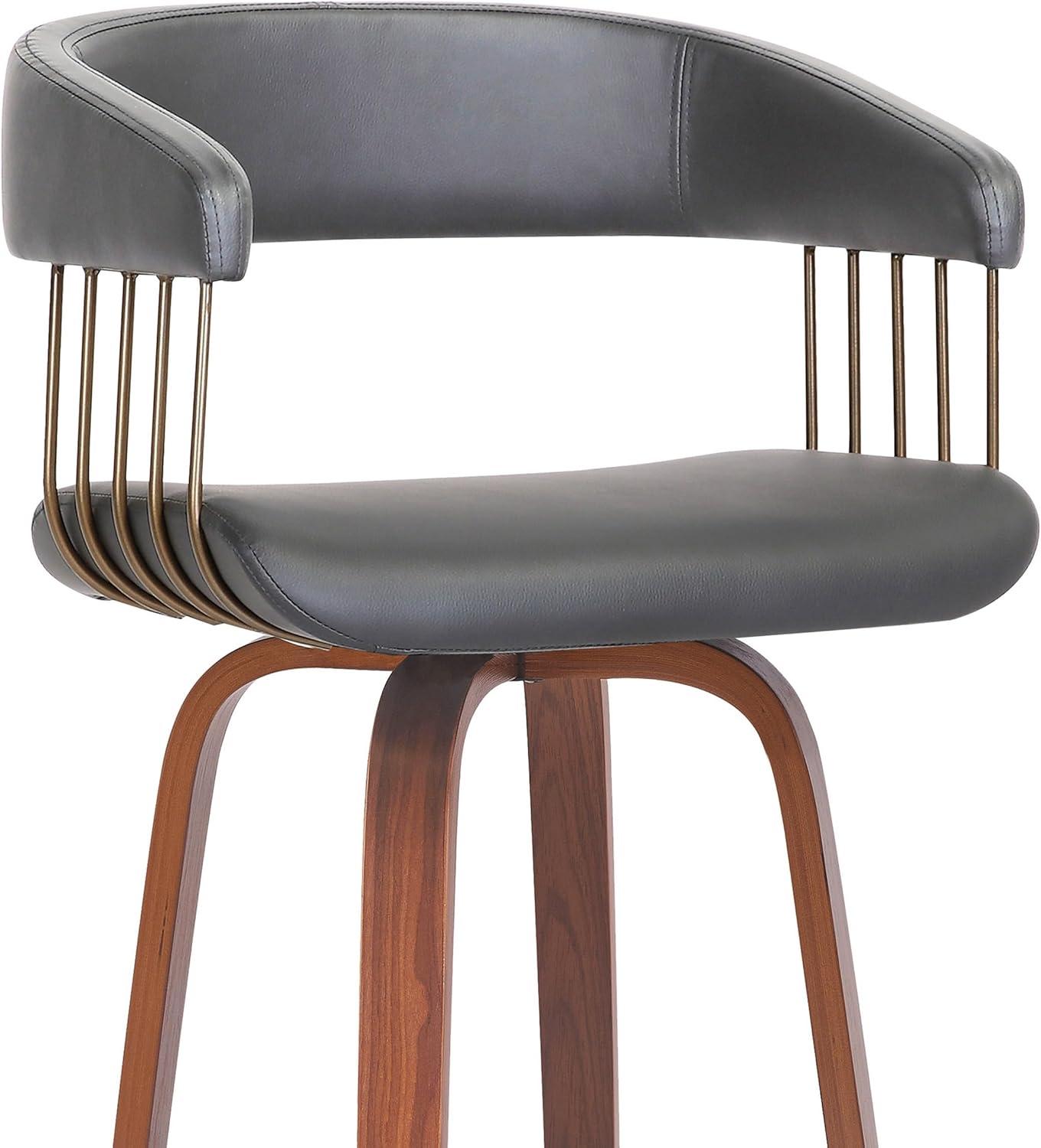 Gray Faux Leather Bronze and Walnut Swivel Barstool