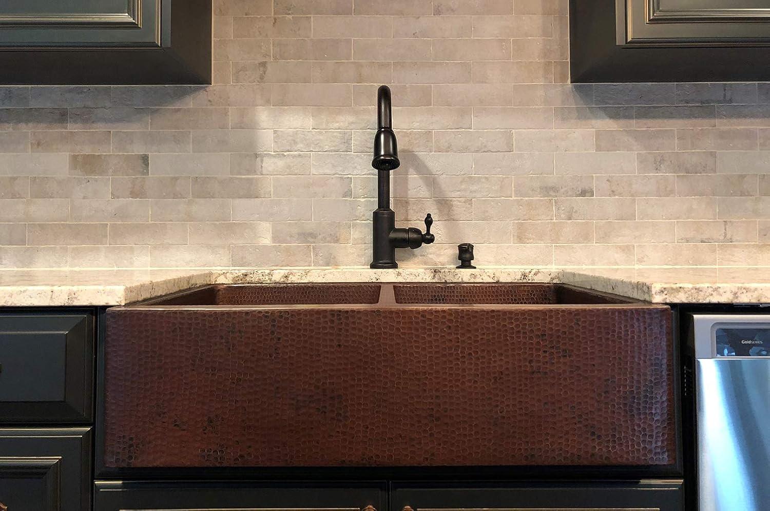Premier Copper Products KA50DB33229 33" Hammered Copper Apron Front 50/50 Double Basin Kitchen Sink