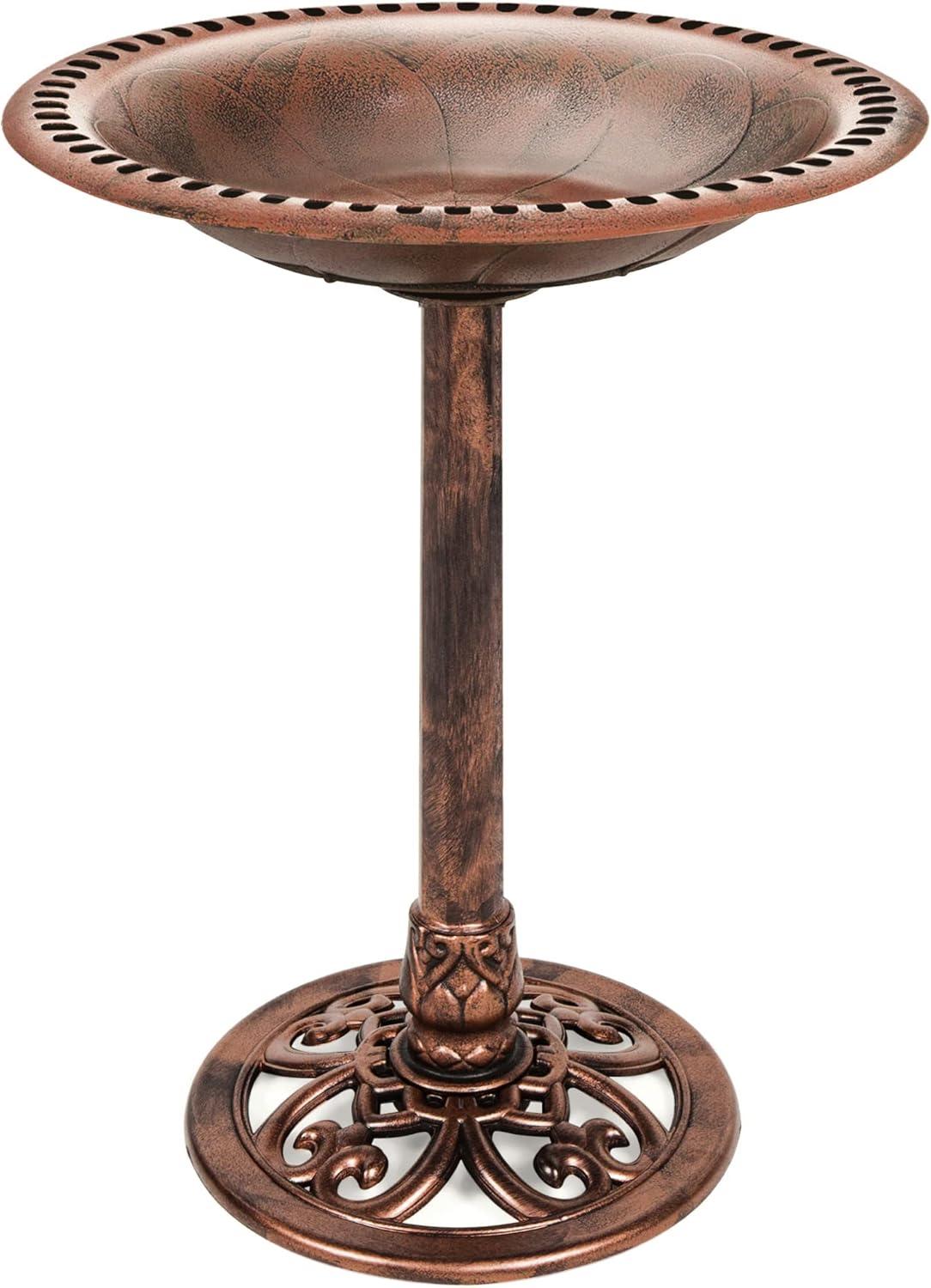 Copper Antique Finish Pedestal Bird Bath with Fleur-de-Lis Accents