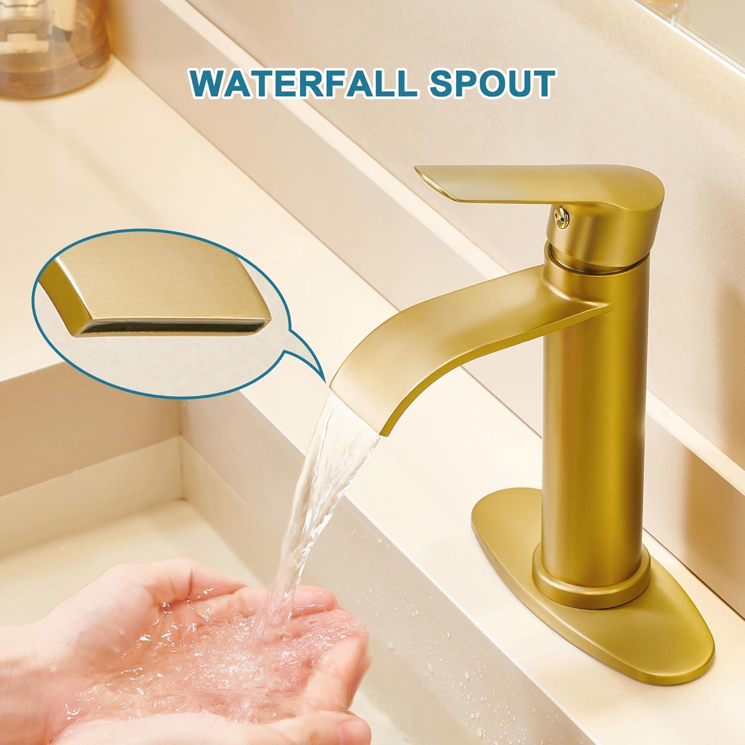 Gold Bathroom Faucets | Waterfall Single Hole Bathroom Sink Faucet with Deck Plate, 1 Hole Or 3 Hole for 4 Inch Brushed Gold Vanity Faucet with Pop-Up Drain Single Handle Lavatory Faucet