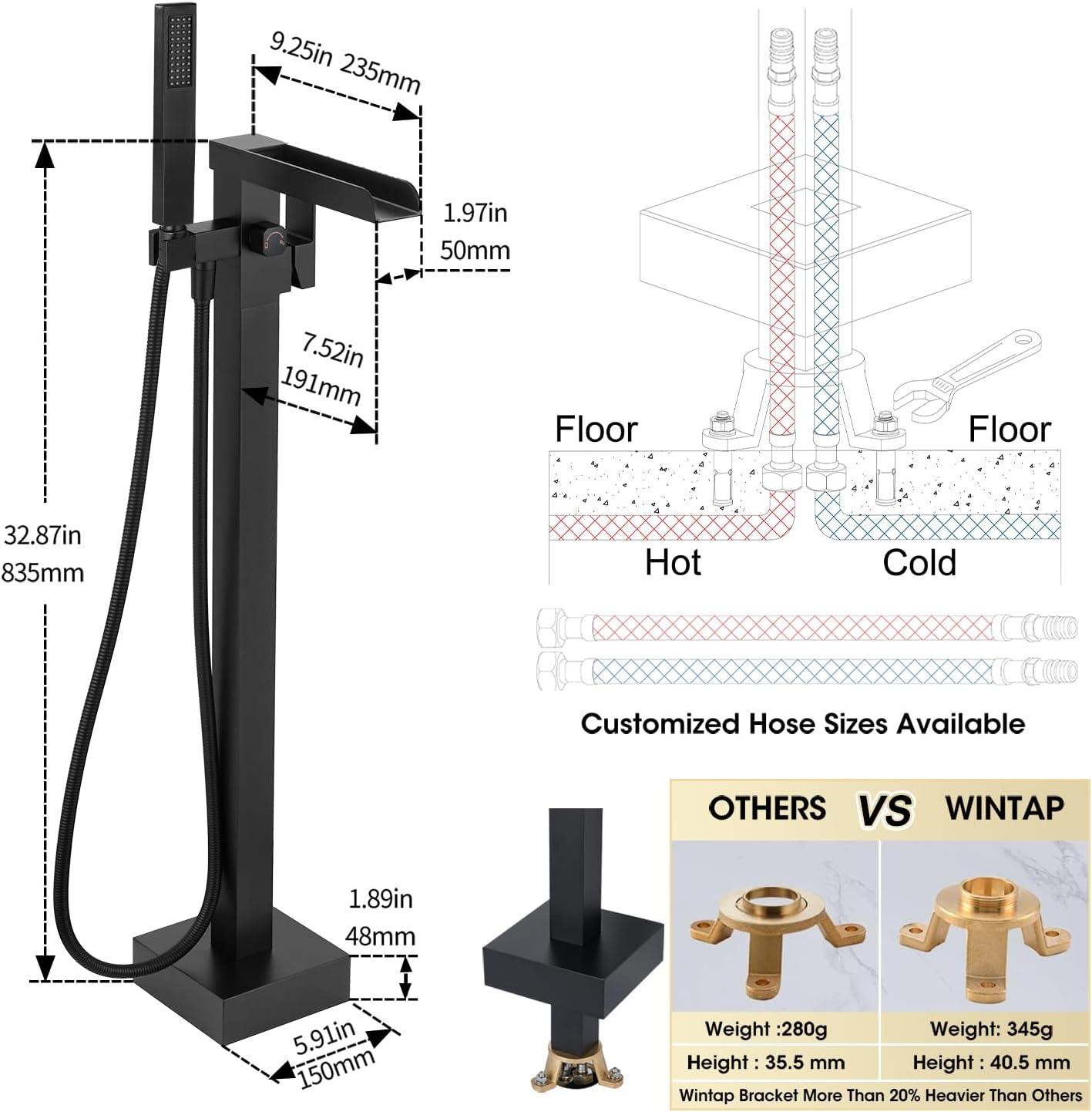 Matte Black Brass Waterfall Freestanding Tub Faucet with Hand Shower