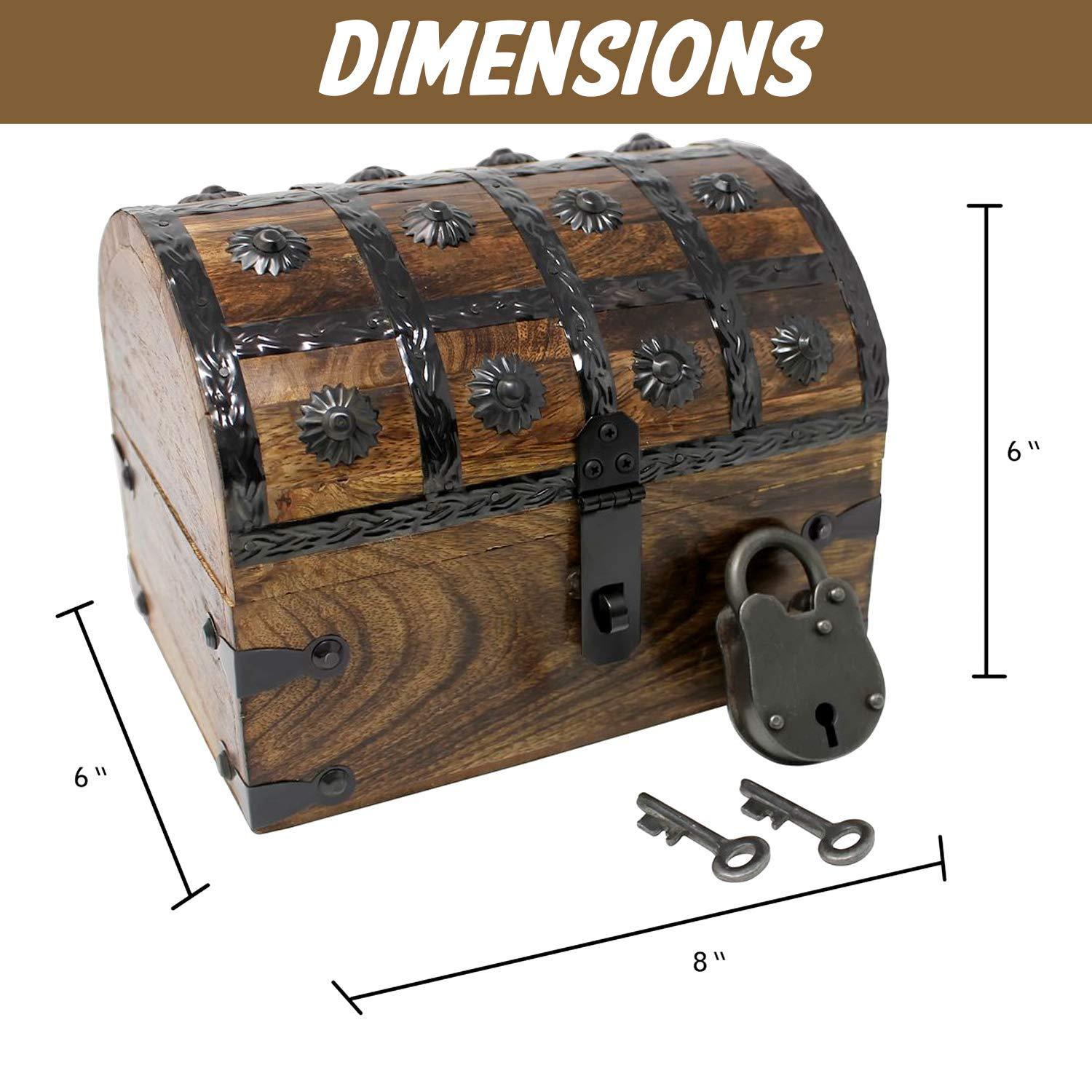 Nautical Cove Wooden Treasure Chest with Padded Velvet Lining and Antique Lock with Skeleton Keys (Small 8x6x6) – Luxury Wood Pirate Chest, Wooden Keepsake Box, Decorative Box with Lid