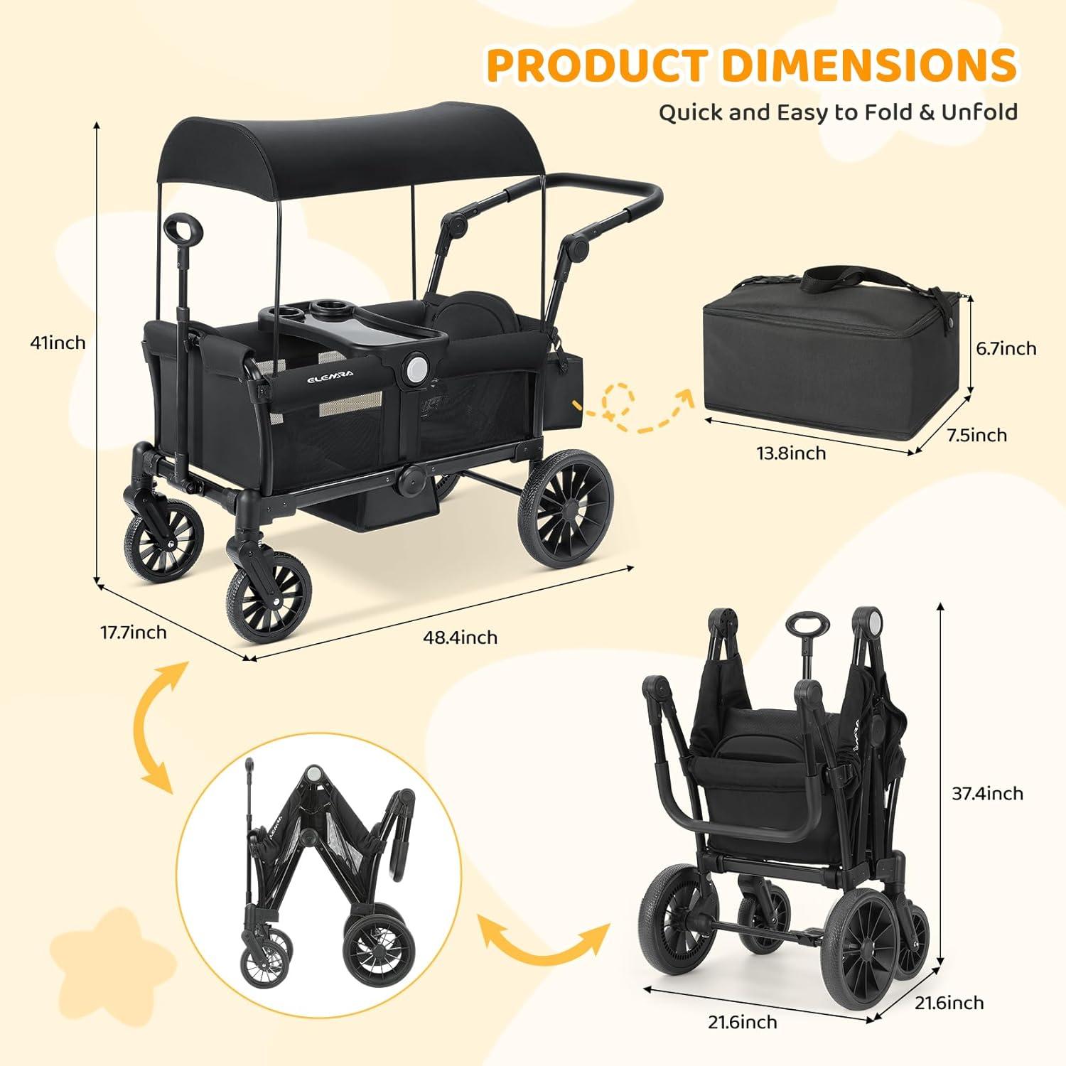 Black Foldable All-Terrain Steel Wagon Stroller with Canopy