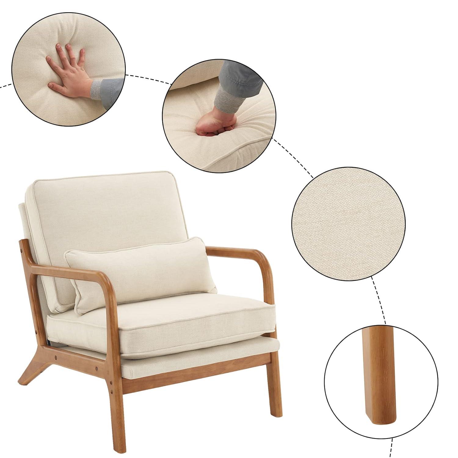 JULY'S SONG Mid-Century Wood Upholstered Fabric Solid Print Armchair, Beige (Set of 2)