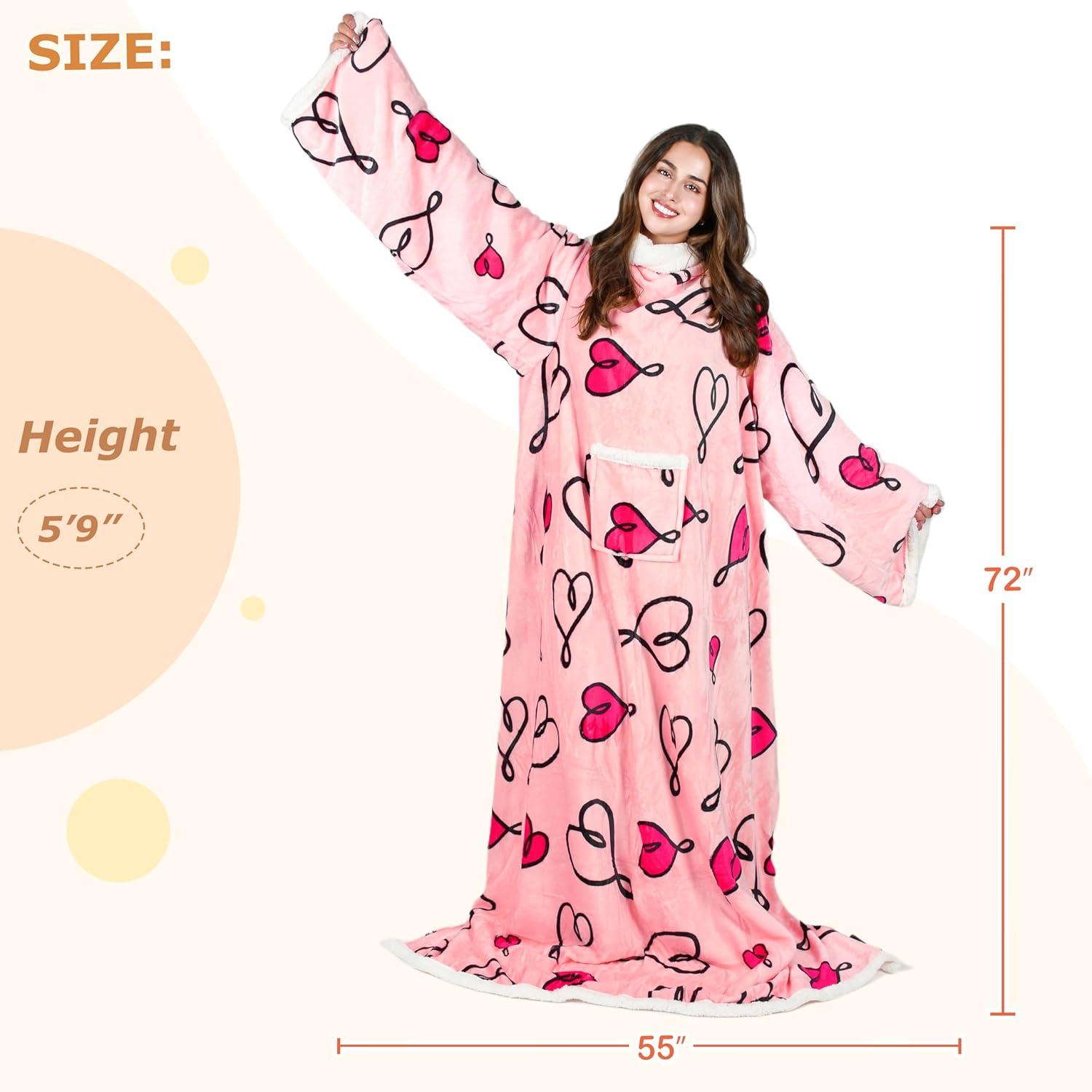 Pink Love Art Sherpa Fleece Wearable Blanket with Sleeves