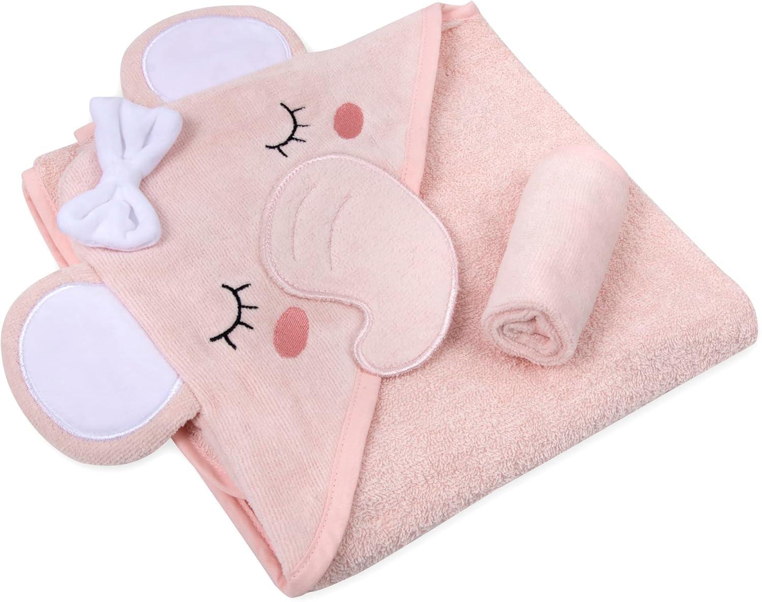 Delicate Pink Cotton Hooded Elephant Baby Washcloth and Towel Set