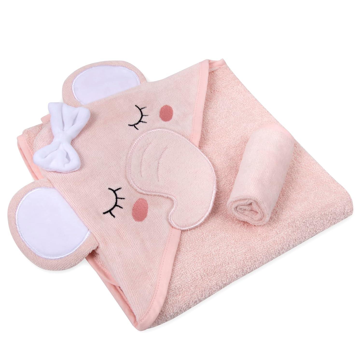 Delicate Pink Cotton Hooded Elephant Baby Washcloth and Towel Set