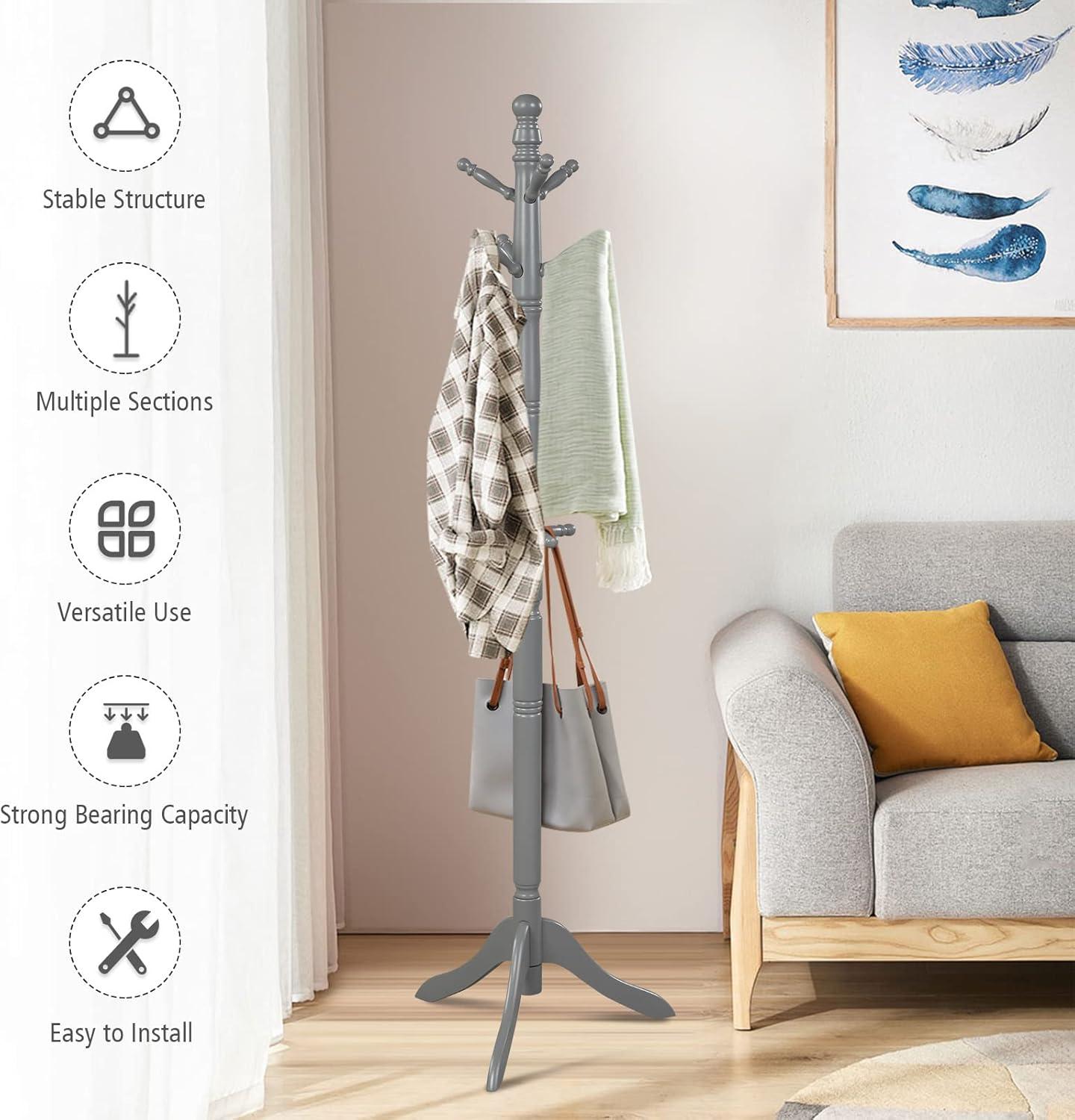 Canddidliike Entryway Height Adjustable Coat Stand with 9 Hooks-Gray, Simple Freestanding Coat and Hat Organizer, Coat Racks for Living Room