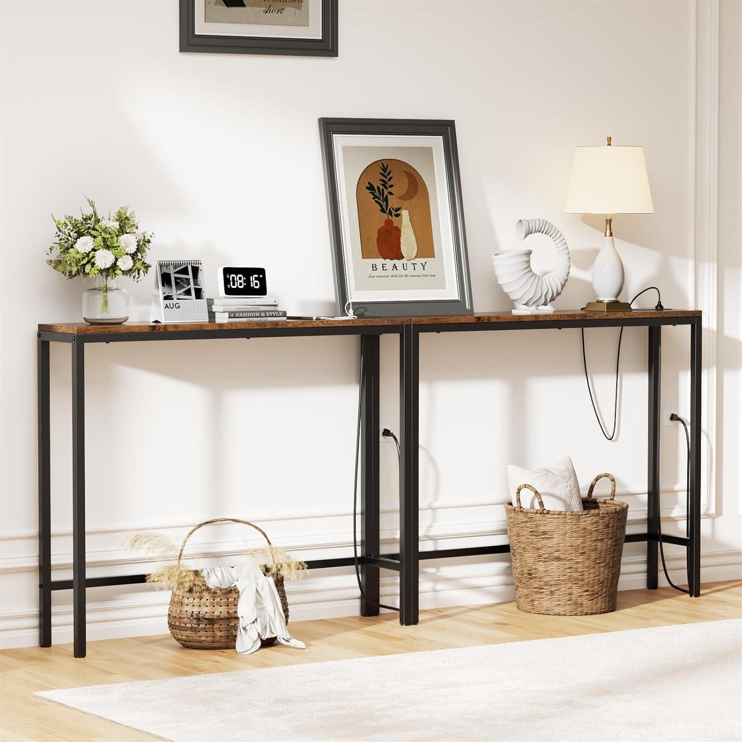 Rustic Brown Narrow Sofa Table with Power Outlets & USB Ports