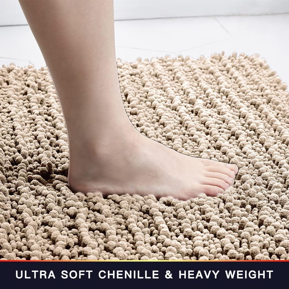 Walensee Bathroom Rug Non Slip Bath Mat (24x17 Inch Beige) Water Absorbent Super Soft Shaggy Chenille Machine Washable Dry Extra Thick Perfect Absorbant Best Small Plush Carpet for Shower Floor