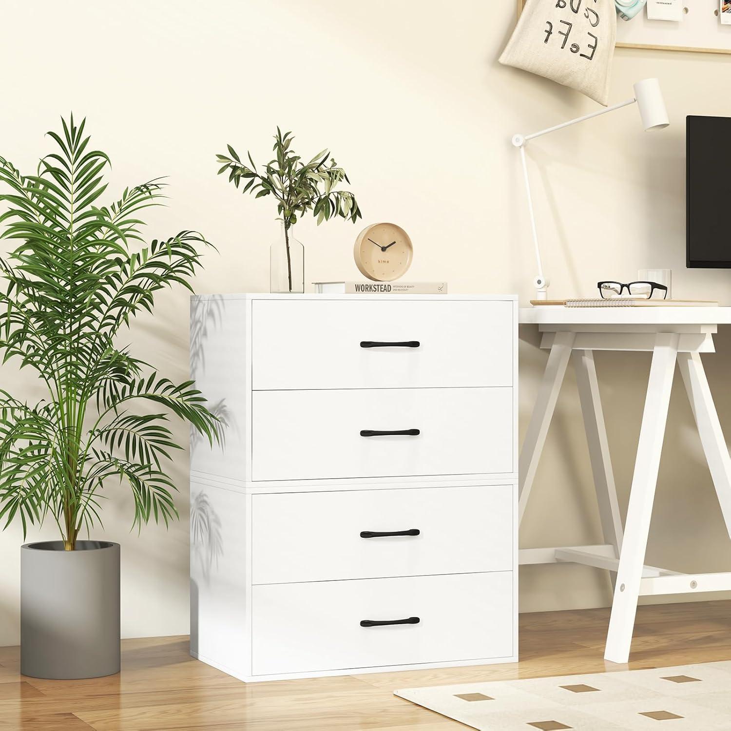 LOKO 2-Drawer Stackable Dresser, Lateral File Cabinet with Metal Handle, Horizontal Storage Cabinet with Anti-Topping Kits, Stacking Drawer Chest for Living Room, Study, Office (1, White)