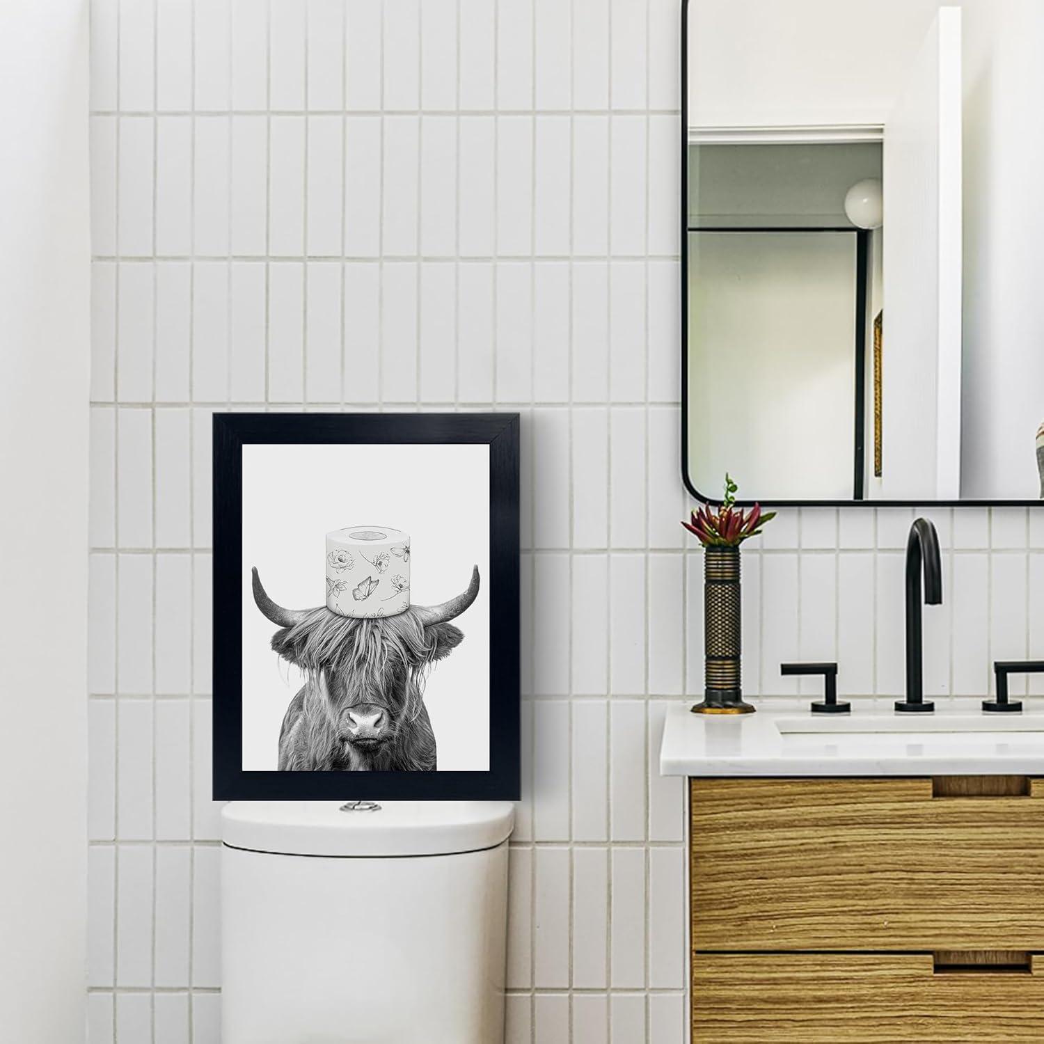YongArt Black Framed Bathroom Decor - Funny Highland Cow Wall Art in Bathtub, 8x10''
