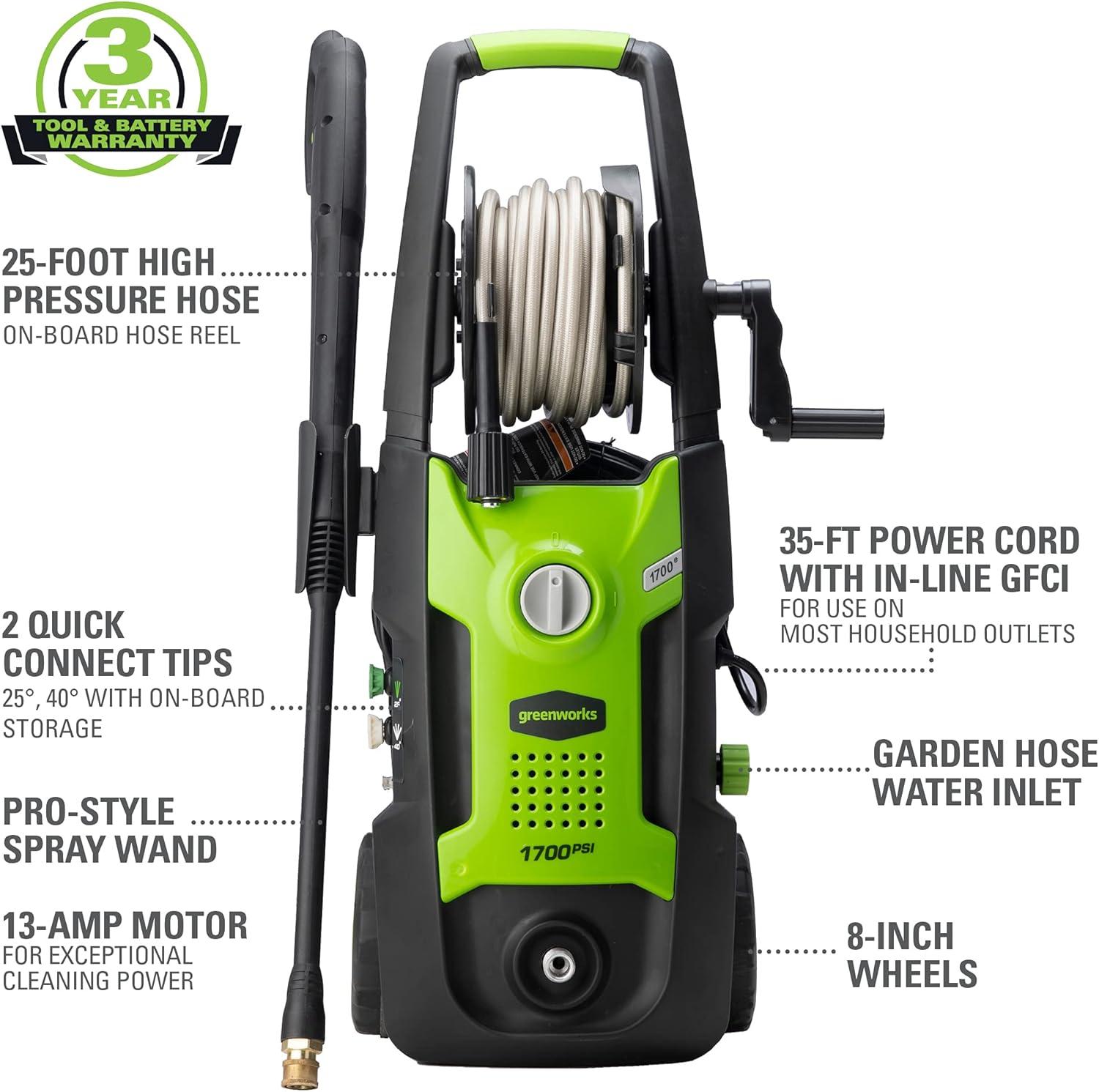 Green and Black 1700 PSI 1.2 GPM Pressure Washer with Hose Reel