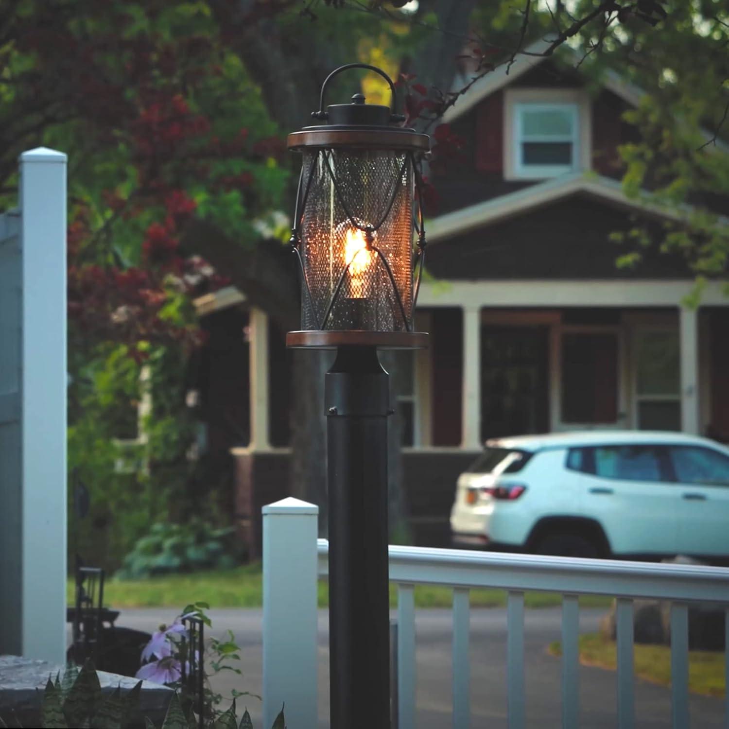 Matte Black and Barnwood Outdoor Post Light with Seeded Glass